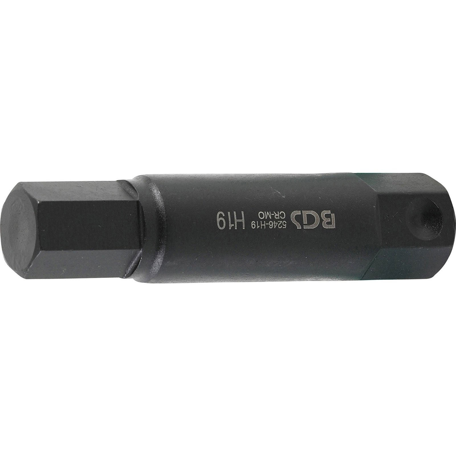 Un utensile in metallo nero con estremità esagonali. Marchi: "BGS", "H19" e "CR-MO". Lo sfondo è bianco.