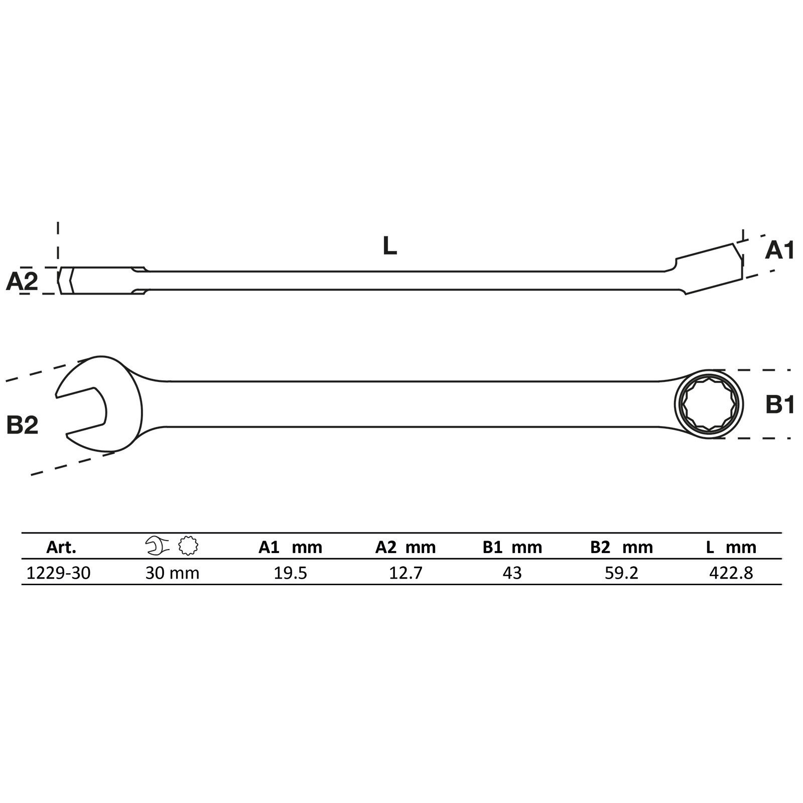 Diagramm eines Schraubenschlüssels mit Abmessungen. Der Schraubenschlüssel hat ein offenes und ein geschlossenes Ende, und eine Tabelle zeigt die Abmessungen.