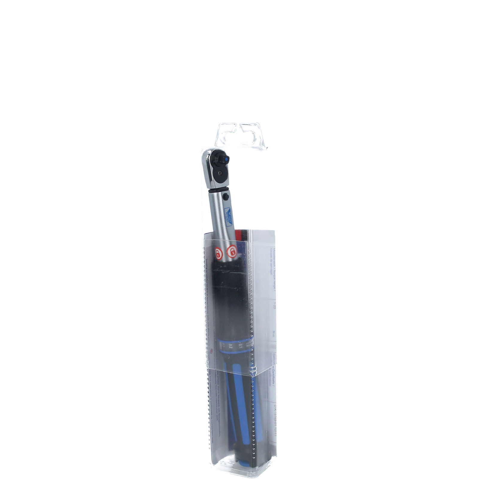 Ein Drehmomentschlüssel in einer Plastikverpackung. Er hat schwarze und silberne Teile mit blauen Akzenten. Der Hintergrund ist weiß.
