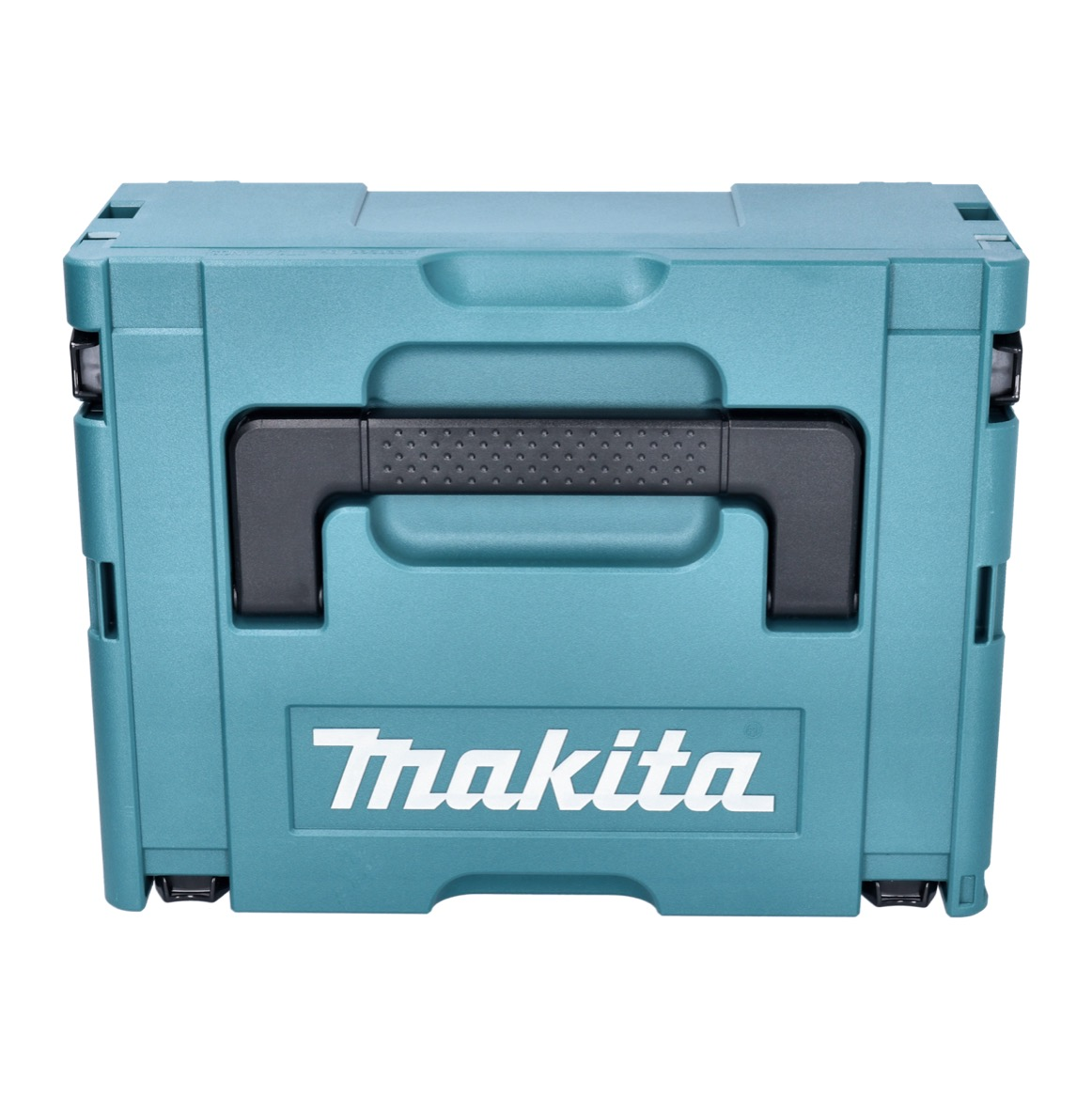 Eine türkisfarbene Makita-Werkzeugkiste mit schwarzem Griff. Das Makita-Logo ist weiß. Die Box ist geschlossen und rechteckig.