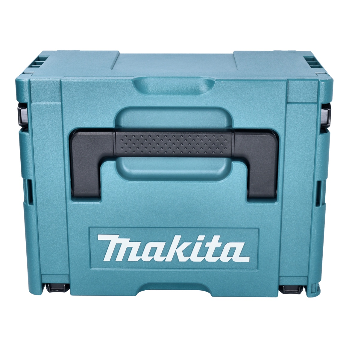 Eine türkisblaue Makita-Werkzeugbox mit schwarzem Griff. Das Makita-Logo ist vorne sichtbar.