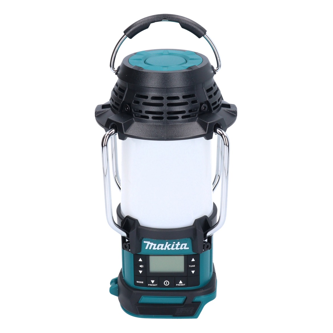 Eine teal-schwarze Makita-Laterne mit Griff. Sie hat einen weißen Lichtabschnitt. Die Basis hat ein Display und Knöpfe.