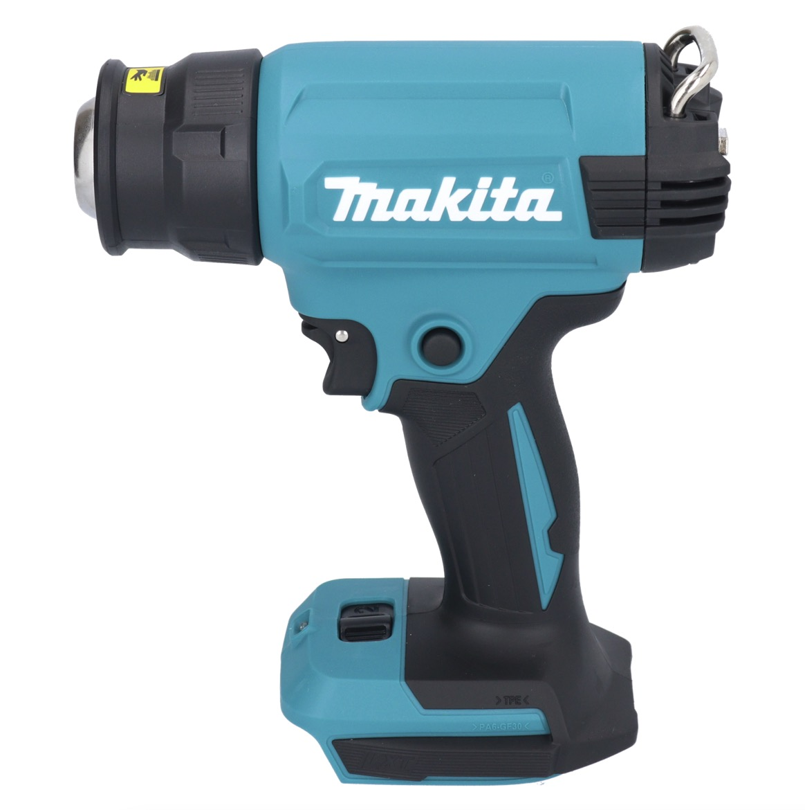 Eine türkisfarbene und schwarze Makita-Heißluftpistole. Das Werkzeug hat eine Düse, einen Griff und eine Batteriebasis. Das Makita-Logo ist weiß auf dem türkisfarbenen Körper.