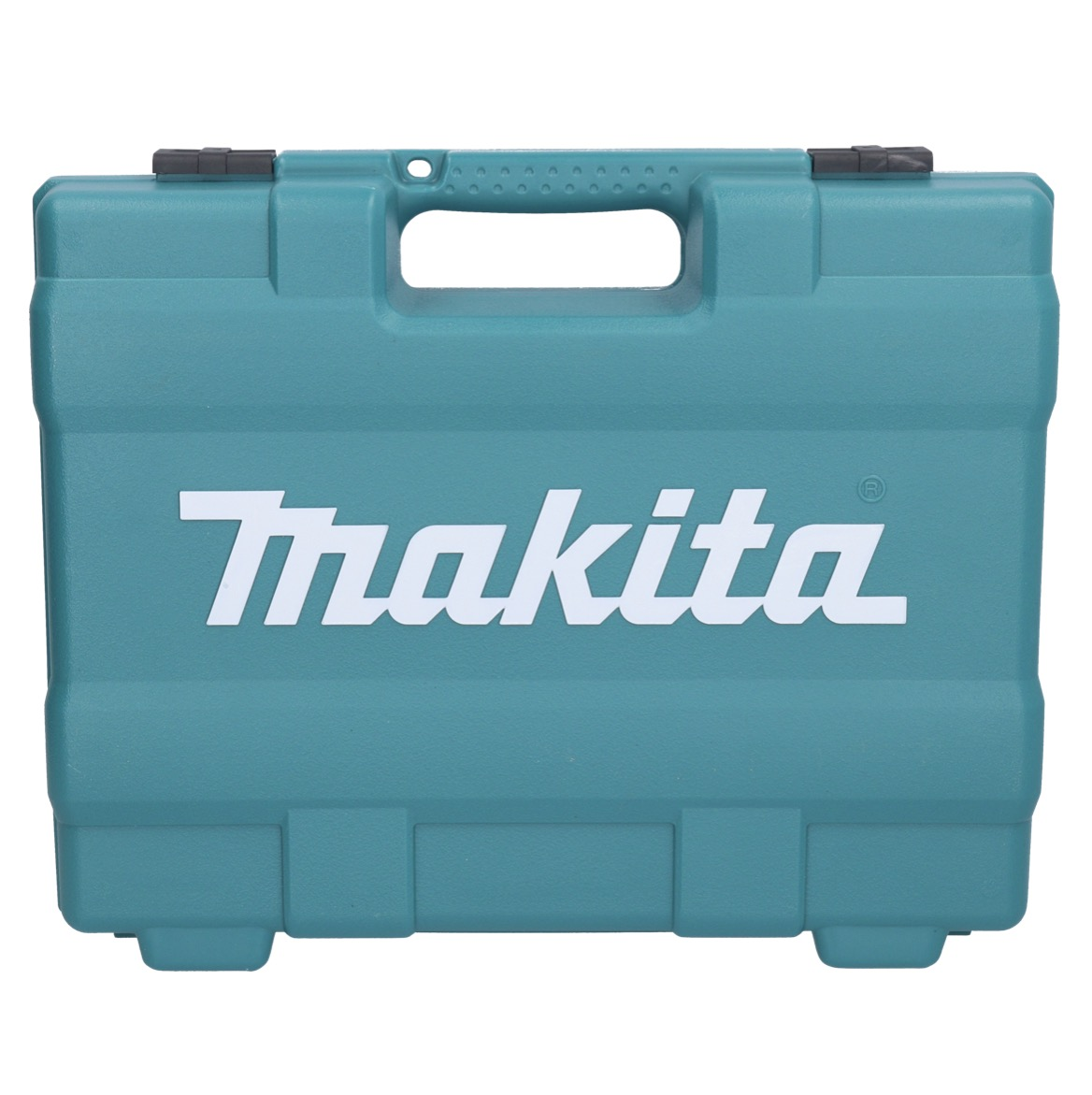 Eine türkisfarbene Makita-Werkzeugkiste. Das weiße Logo befindet sich in der Mitte. Die Werkzeugkiste hat einen Griff und schwarze Verschlüsse.