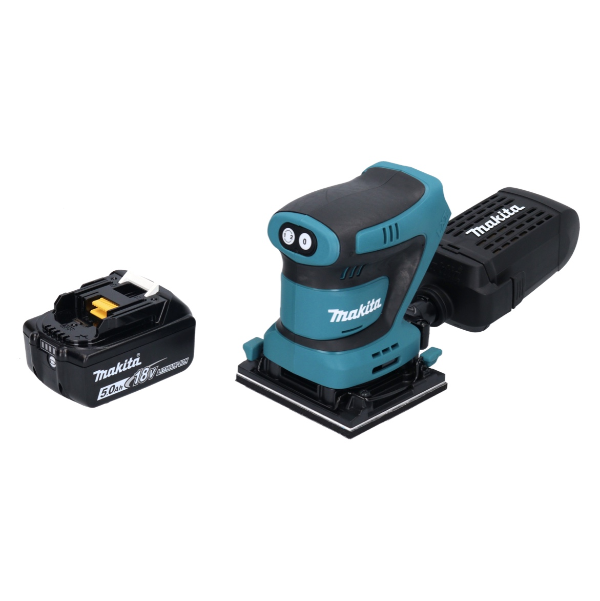Ein türkis-schwarzer Makita-Schwingschleifer mit separatem Akku. Beide befinden sich auf weißem Hintergrund. Der Schwingschleifer hat das Makita-Logo.