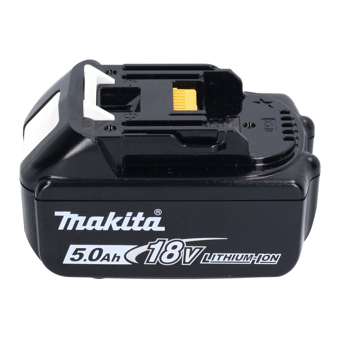 Schwarzer Makita 18V 5.0Ah Lithium-Ionen-Akku. Merkmale weiße und gelbe Akzente. Der Akku befindet sich auf weißem Hintergrund.