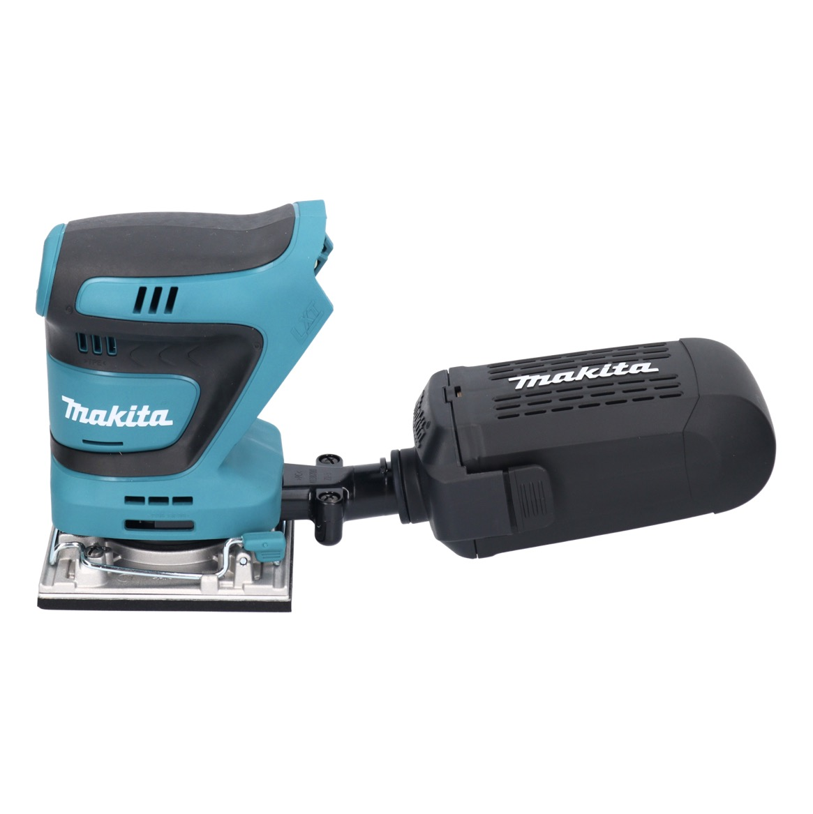 Ein Makita-Schleifwerkzeug. Es ist türkis und schwarz, mit dem Makita-Logo. Der Schleifer befindet sich auf weißem Hintergrund. Inklusive Staubabsaugung.