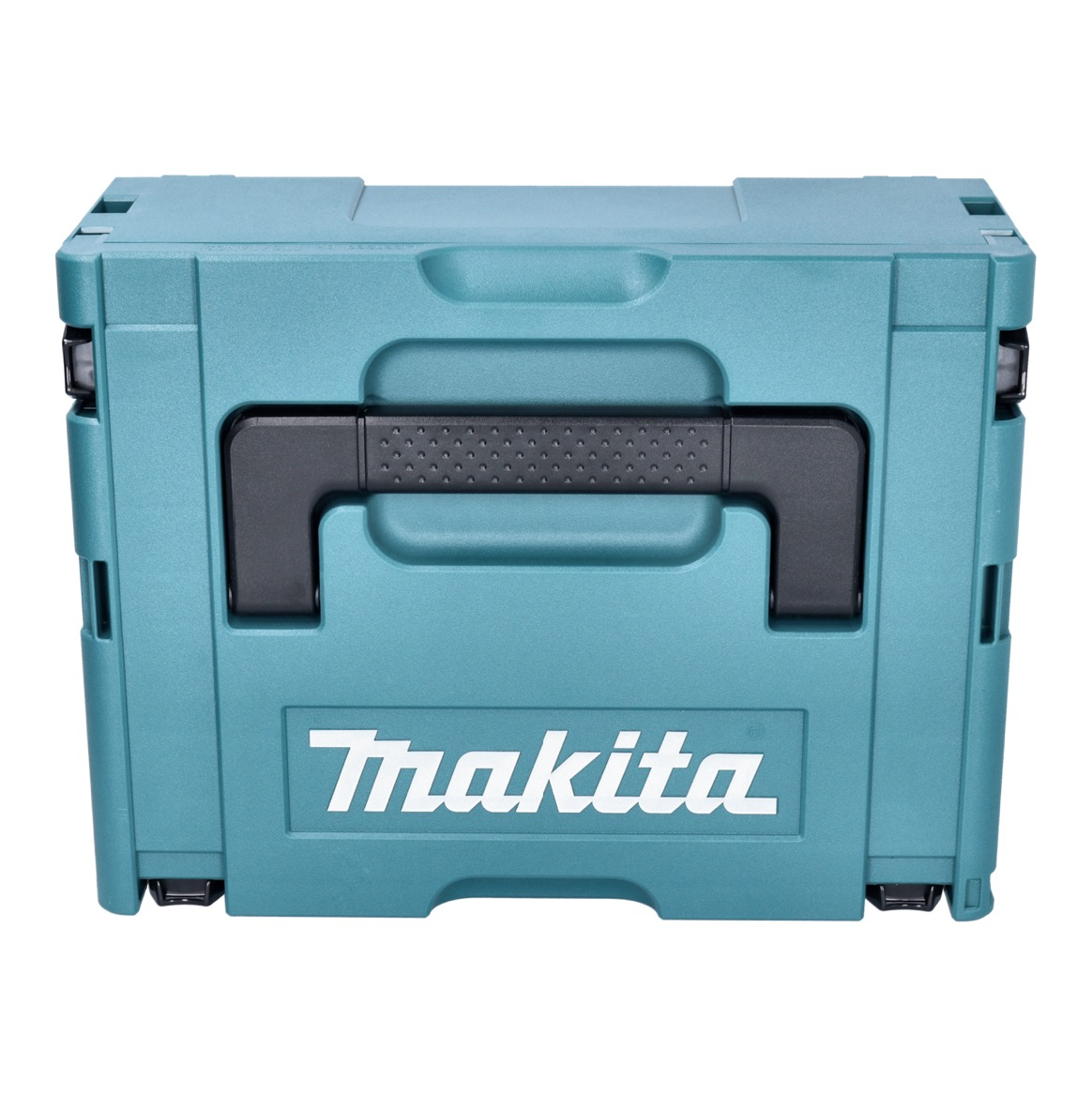 Eine türkisfarbene Makita-Werkzeugkiste mit schwarzem Griff und dem weißen Makita-Logo. Die Werkzeugkiste steht auf weißem Hintergrund.