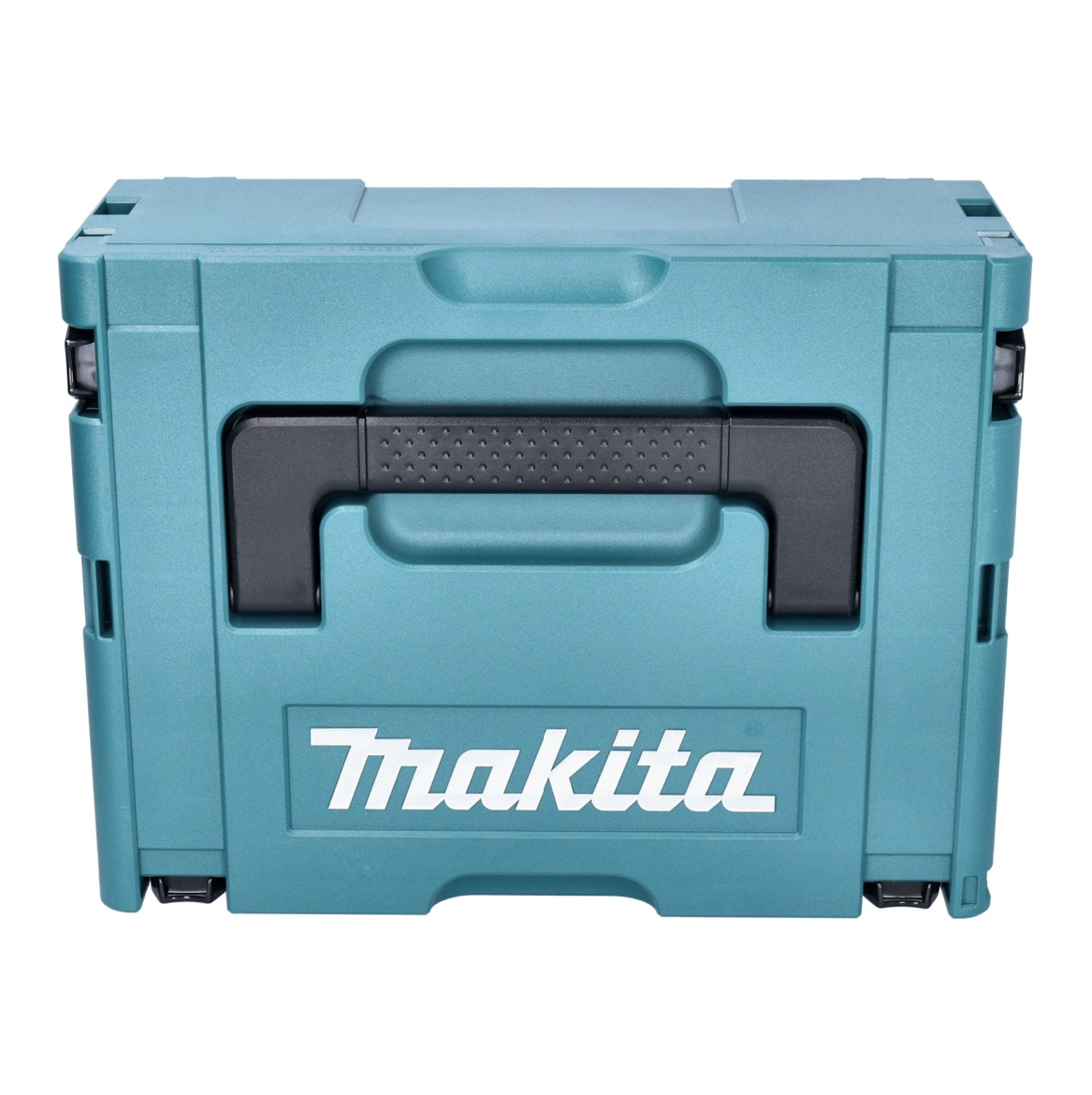 Eine türkisfarbene Makita-Werkzeugbox mit schwarzem Griff. Der Markenname ist weiß. Die Box befindet sich auf weißem Hintergrund.