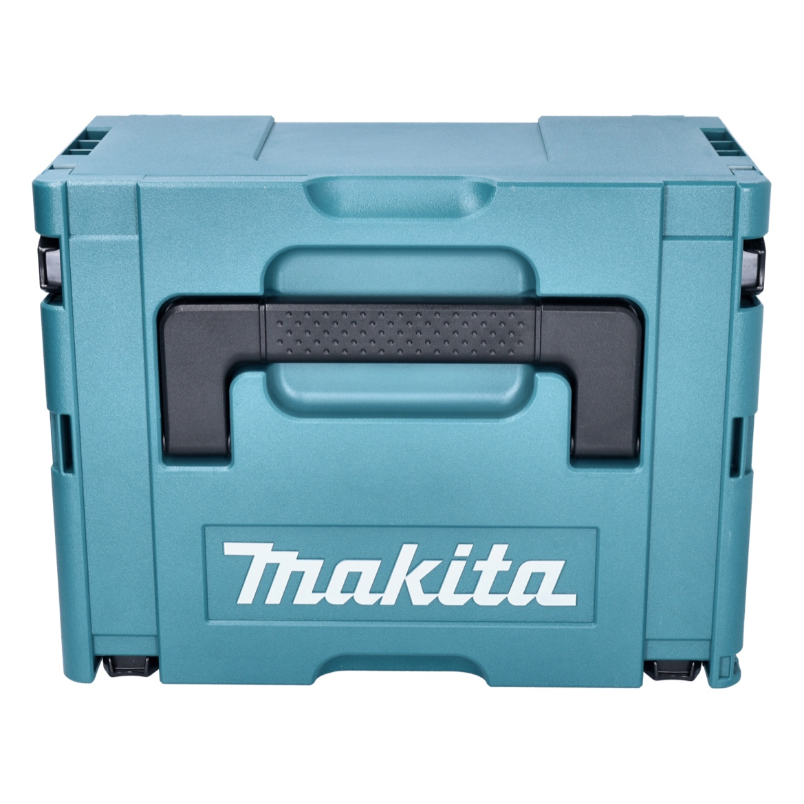 Eine türkisfarbene Makita-Werkzeugkiste mit schwarzem Griff und dem weißen Makita-Logo. Die Box ist rechteckig mit einem strukturierten Griff.