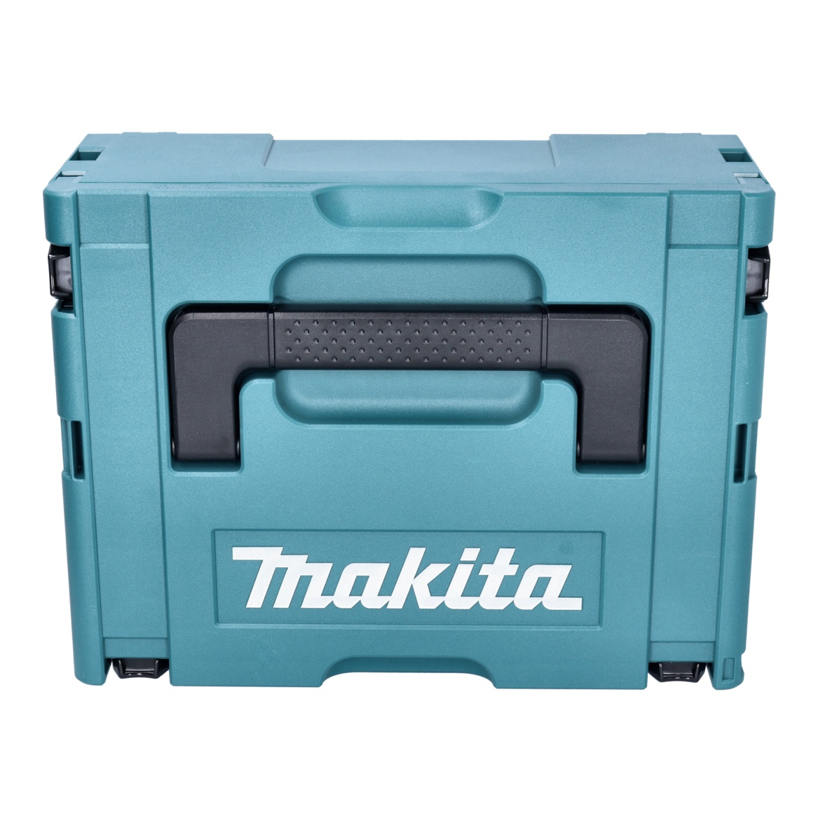 Eine türkisfarbene Makita-Werkzeugkiste mit schwarzem Griff. Das Makita-Logo ist deutlich auf der Vorderseite zu sehen.