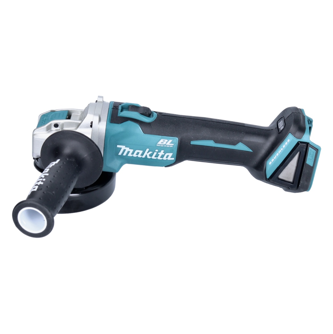 Ein kabelloser Winkelschleifer von Makita. Er ist schwarz und türkis, mit einem schwarzen Griff und einer silbernen Schleifscheibe. Der Hintergrund ist weiß.