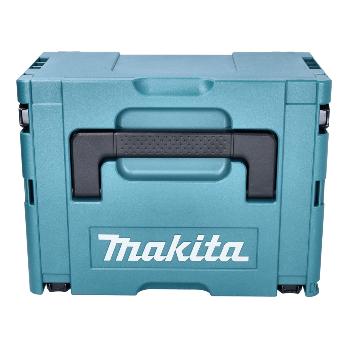 Eine türkisblaue Makita-Werkzeugbox mit schwarzem Griff. Das Makita-Logo ist deutlich auf der Vorderseite zu sehen. Die Box ist geschlossen.