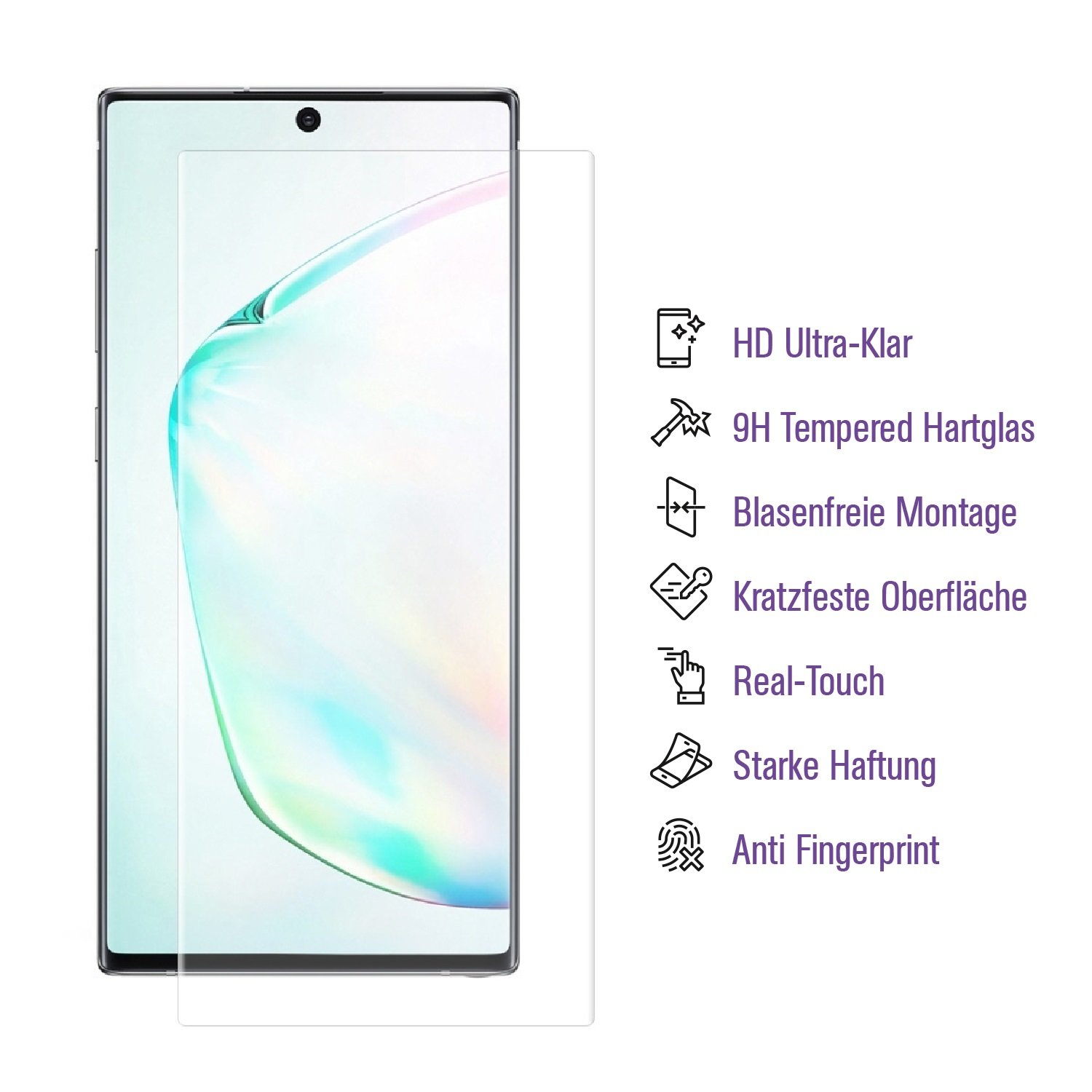 Ein Handy mit Displayschutzfolie. Textkennzeichnungen weisen auf HD-Klarheit, gehärtetes Glas, blasenfreie Installation und Kratz- und Fingerabdruckschutz hin.