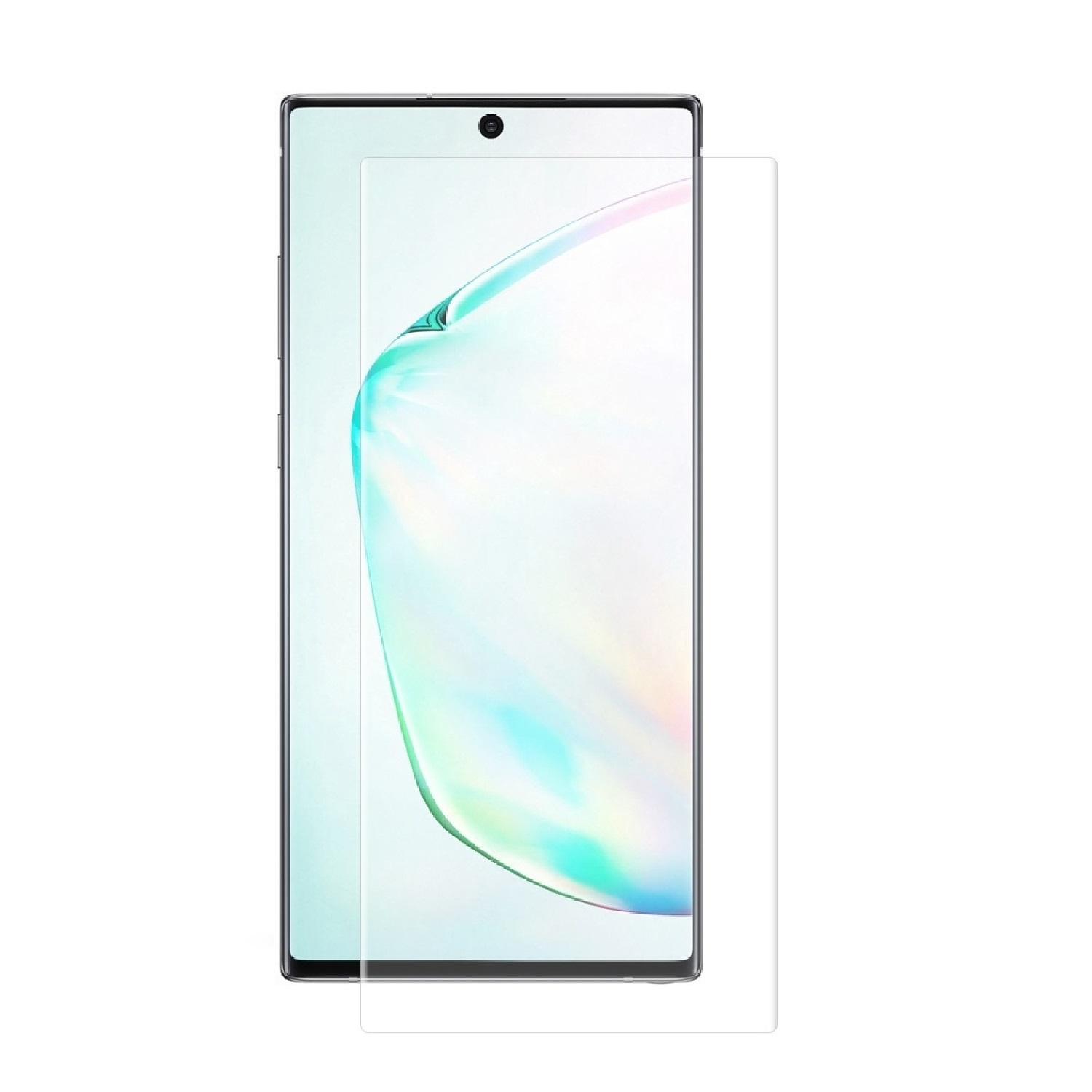 Ein Smartphone mit aufgebrachter Displayschutzfolie. Das Telefon ist schwarz, die Schutzfolie ist transparent, und der Hintergrund ist weiß.