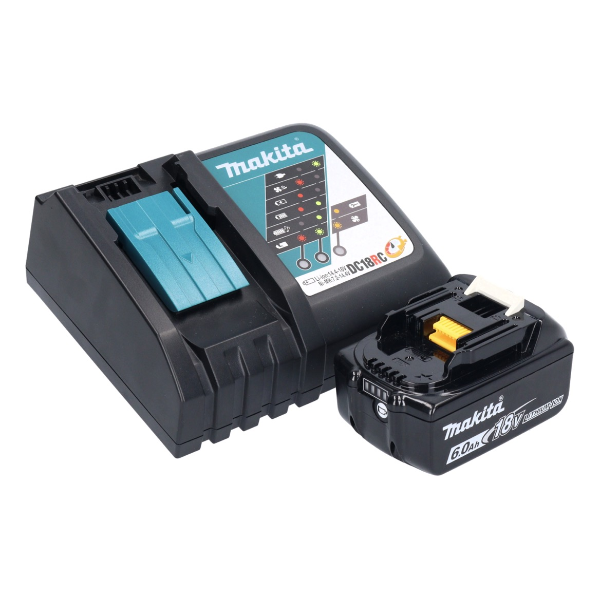 Ein Makita-Akkuladegerät und ein Akku. Das Ladegerät ist schwarz mit türkisfarbenen Akzenten und der Akku ist schwarz. Das Ladegerät ist mit DC18RC beschriftet.