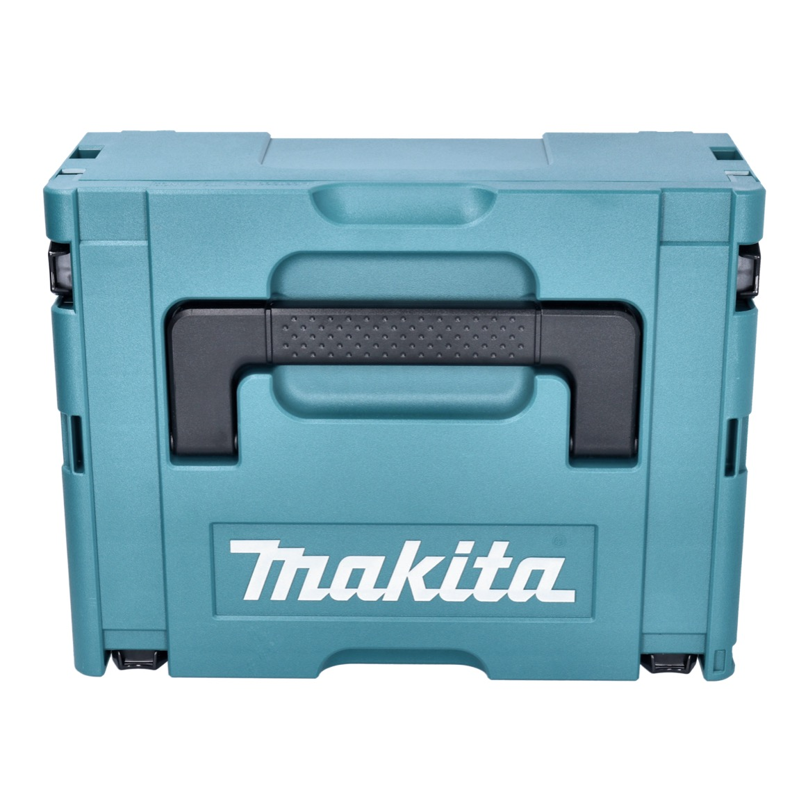 Eine türkisblaue Makita-Werkzeugbox mit schwarzem Griff. Das Makita-Logo ist weiß. Die Box steht auf weißem Hintergrund.