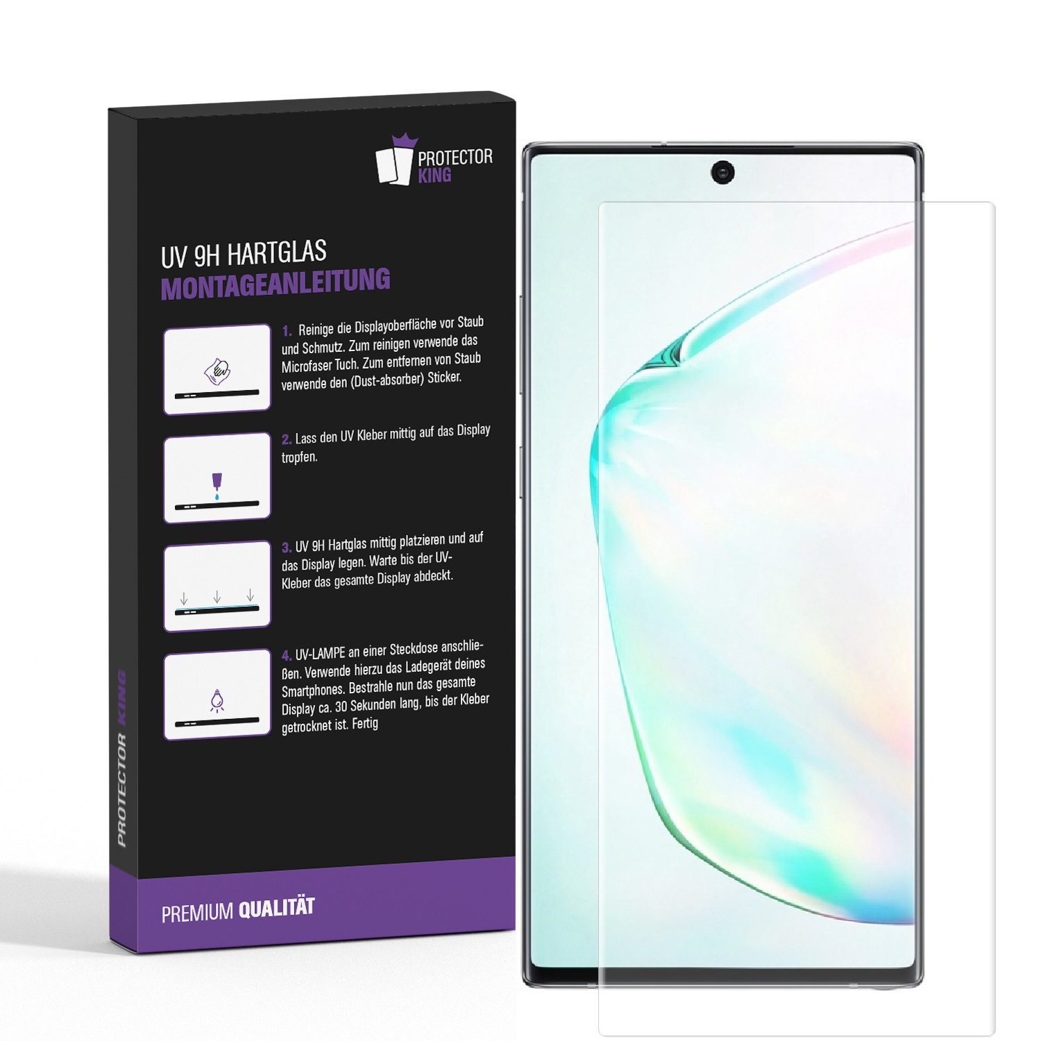 Ein Telefon und ein Displayschutz-Kit. Das Kit enthält eine Box mit Anweisungen und eine Glas-Displayschutzfolie. Das Telefon ist rechts.