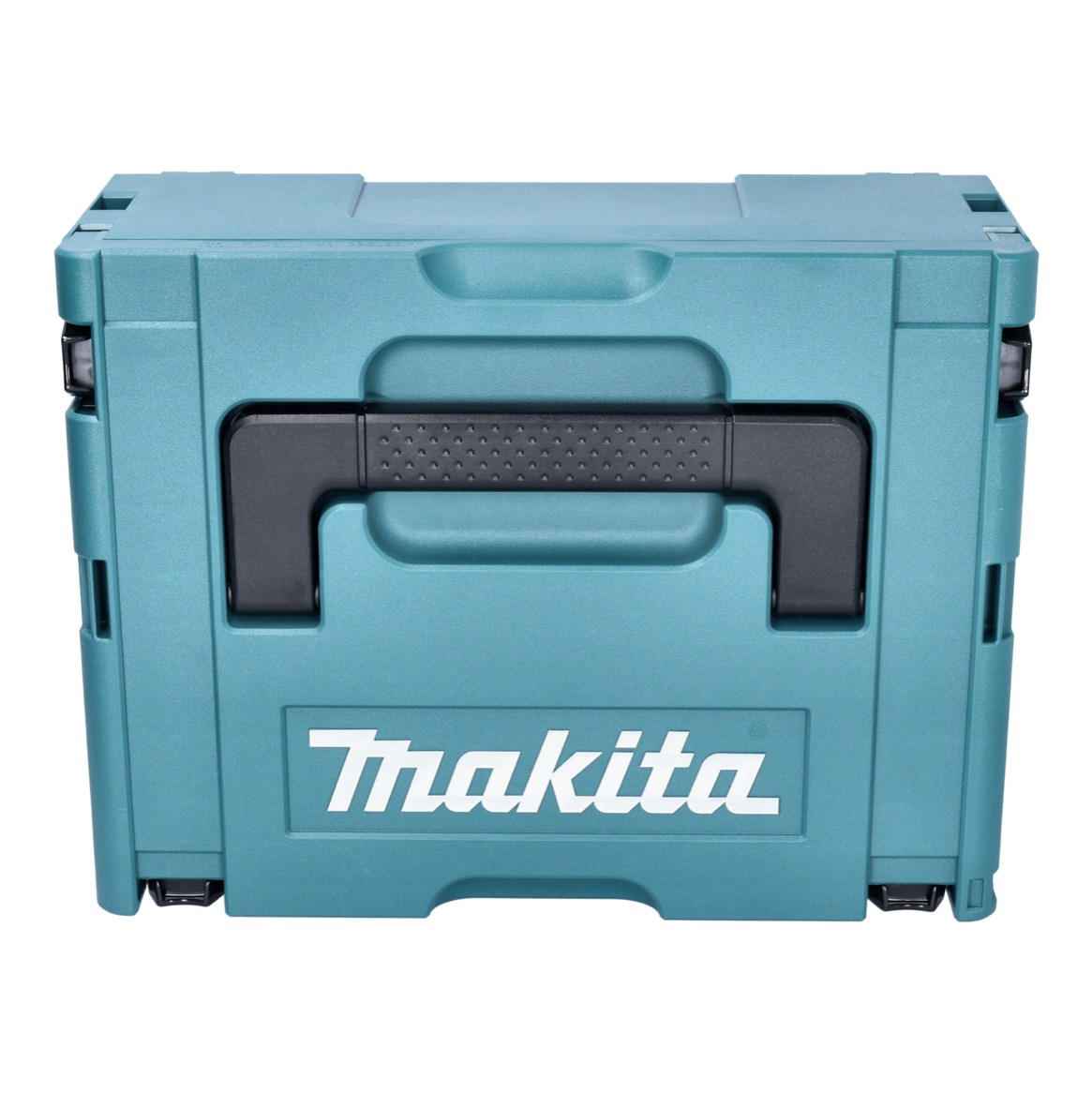 Eine türkisblaue Makita-Werkzeugbox mit schwarzem Griff. Das Makita-Logo ist weiß. Der Hintergrund ist weiß.