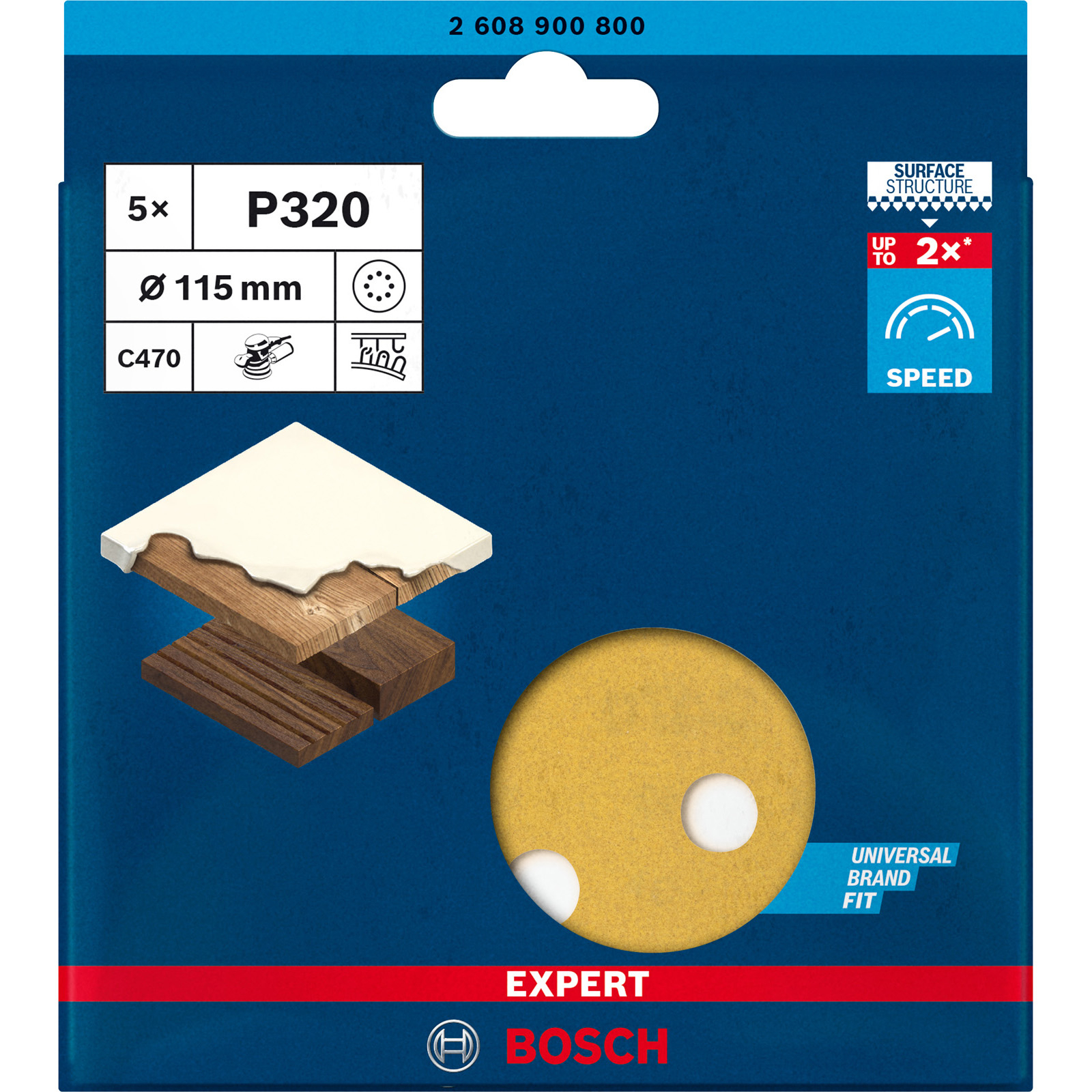 Eine Bosch-Verpackung mit Produktdetails. Sie zeigt eine Schleifscheibe, Holzproben und Geschwindigkeitsanzeigen auf blauem Grund.