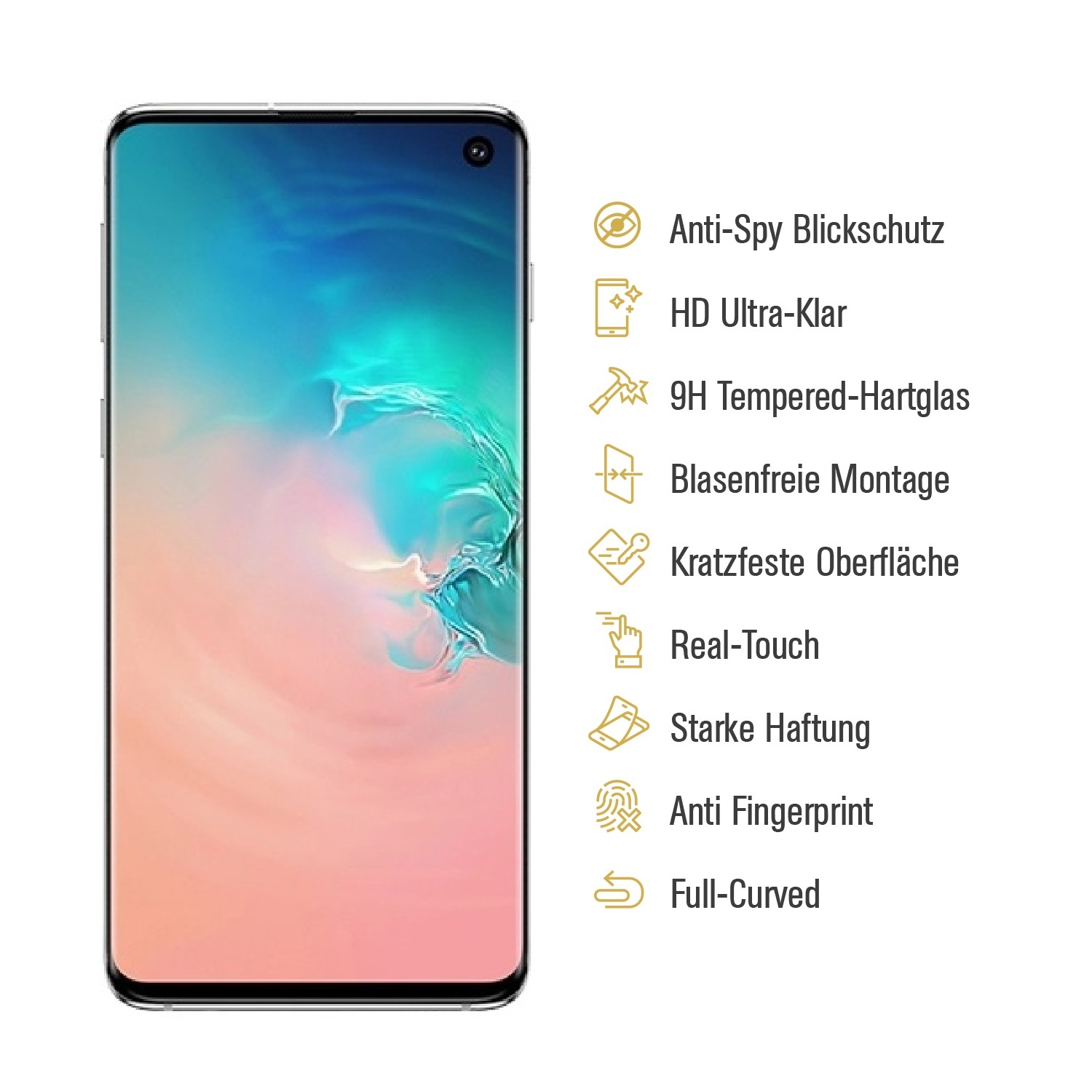 Smartphone-Bildschirm mit Displayschutzfolie. Merkmale: Anti-Spionage, HD-Klarheit, gehärtetes Glas, blasenfrei, kratzfest, Real-Touch.