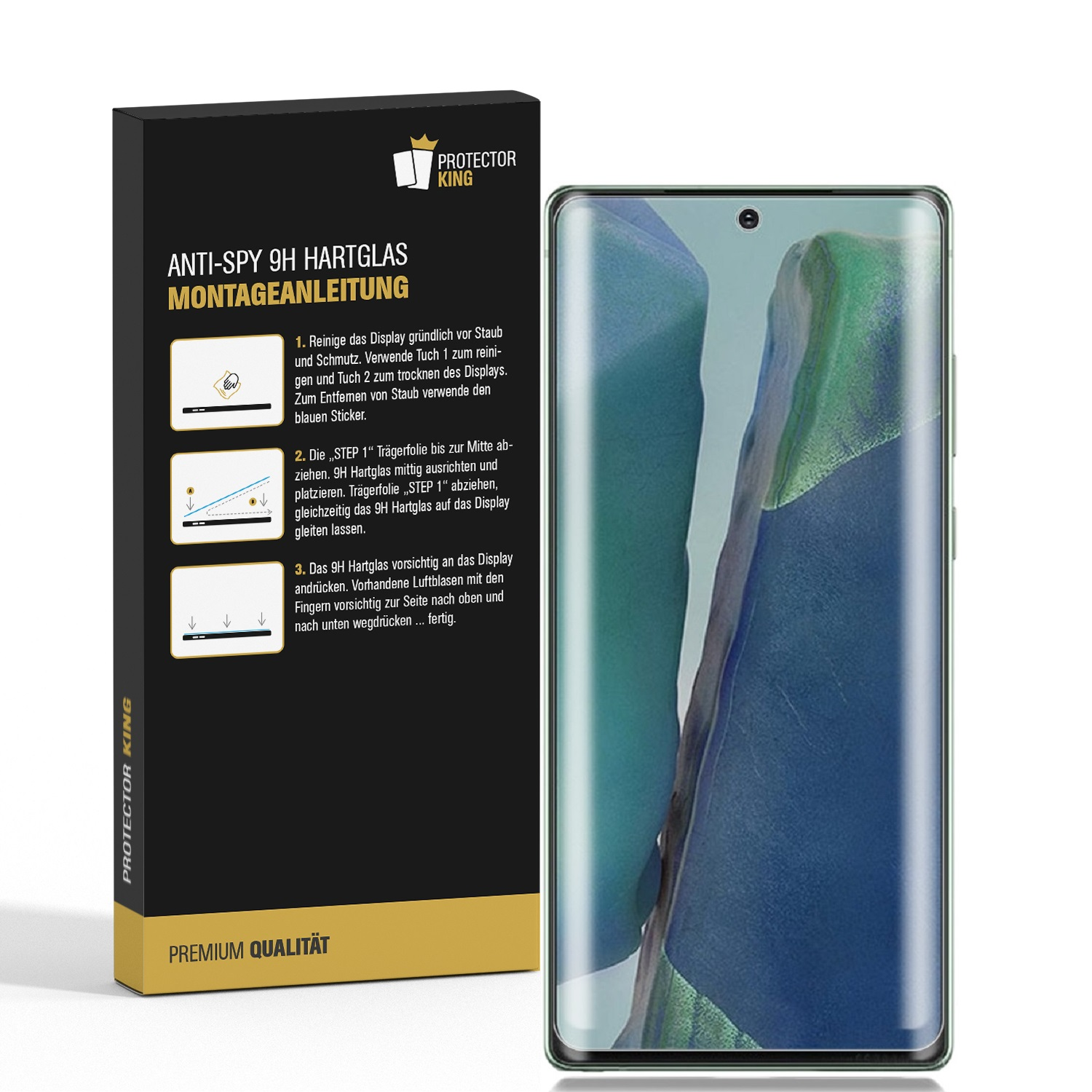 Ein Telefon mit Displayschutzfolie und eine Box mit Anweisungen werden angezeigt. Das Telefon hat einen blau-grünen Bildschirm.