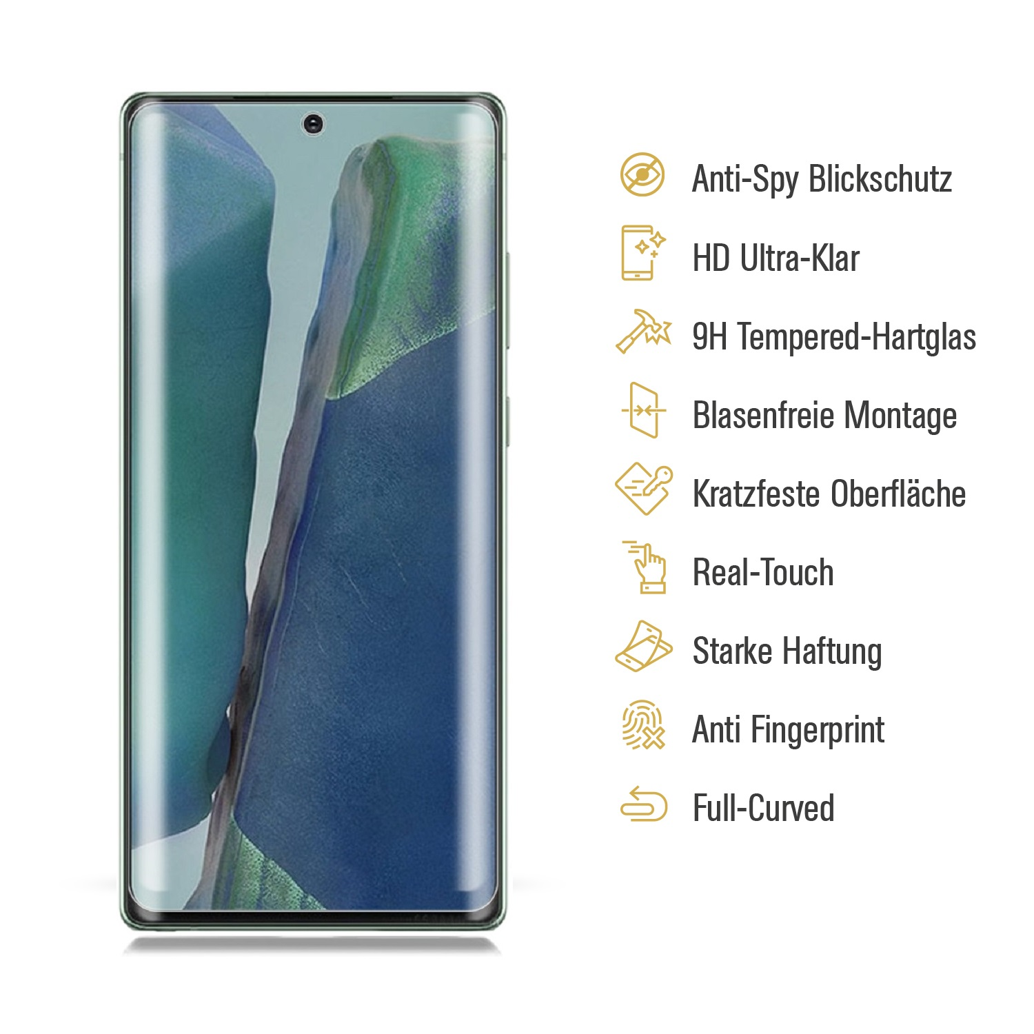 Ein Smartphone mit Displayschutzfolie. Zu den Merkmalen gehören Anti-Spy, HD-Klarheit, Hartglas, blasenfreie Montage, Kratzfestigkeit, Real-Touch, starker Halt.