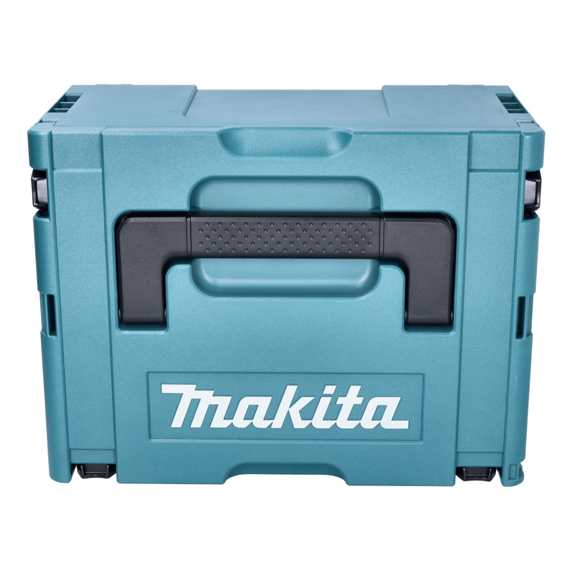 Eine teal Makita Werkzeugkiste mit schwarzem Griff und Makita Logo. Sie befindet sich auf weißem Hintergrund.