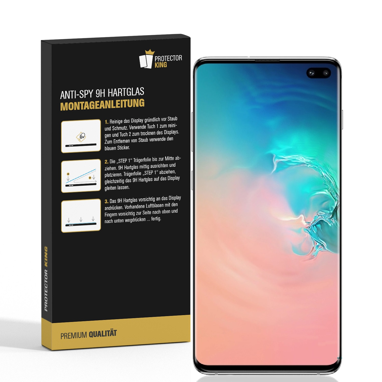 Ein Telefon und eine Displayschutzfolienbox. Anweisungen stehen auf der Box. Der Telefonbildschirm zeigt einen farbenfrohen Hintergrund.