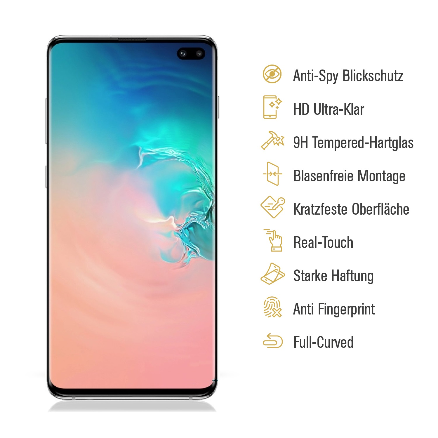 Ein Smartphone-Bildschirm mit blauem und rosa Farbverlauf. Texte rechts beschreiben Funktionen wie Anti-Spy, HD klar und Kratzfestigkeit.