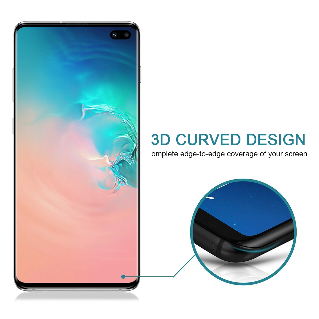 Displayschutzfolie für Smartphone. Das Telefon befindet sich links. Ein gebogenes Design wird mit einem Kreis und Text hervorgehoben. Weißer Hintergrund.