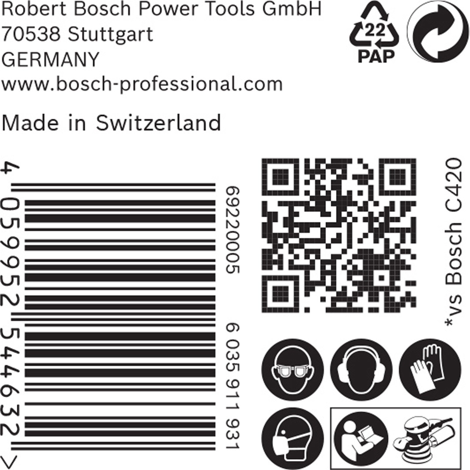 Etikett mit Text, Barcode, QR-Code und Sicherheitssymbolen. Enthält Details zu Robert Bosch Power Tools GmbH und 'Made in Switzerland'.