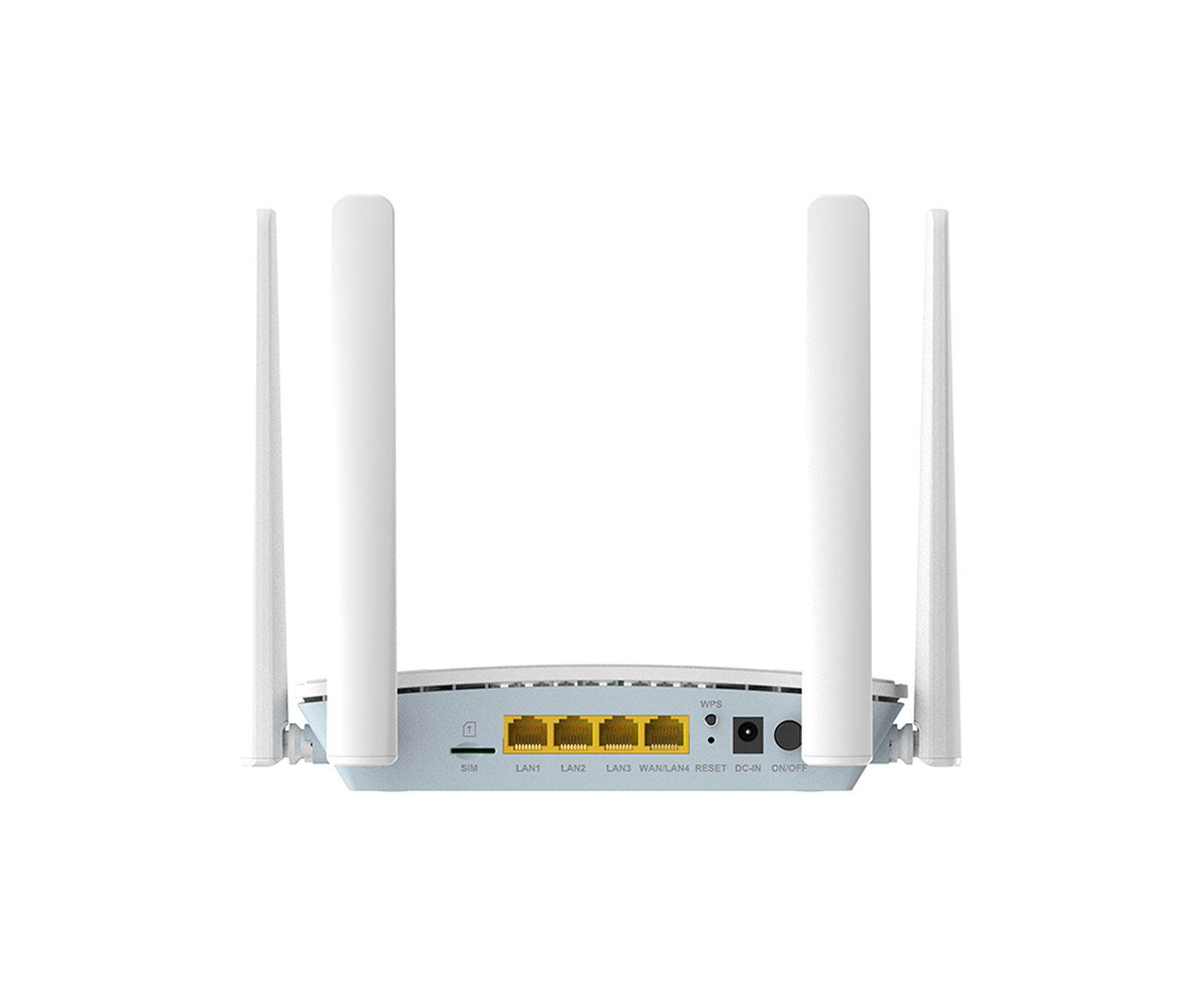 Un router bianco con quattro antenne. Il retro ha porte etichettate SIM, LAN1, LAN2, LAN3, WAN/LAN4, RESET, DC-IN e ON/OFF.