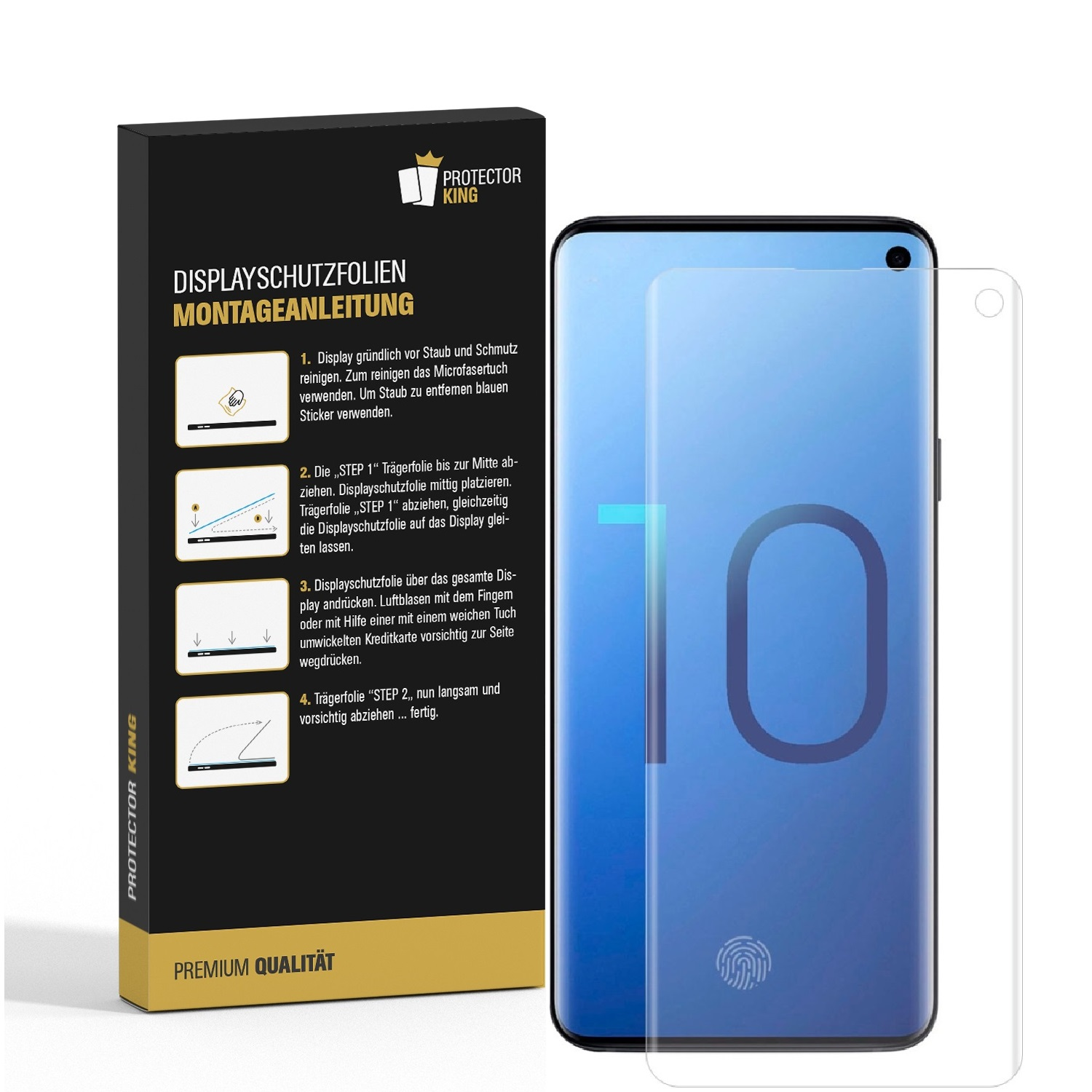 Ein Telefon mit Displayschutzfolie neben einer Box mit Anweisungen zum Anbringen der Displayschutzfolie.