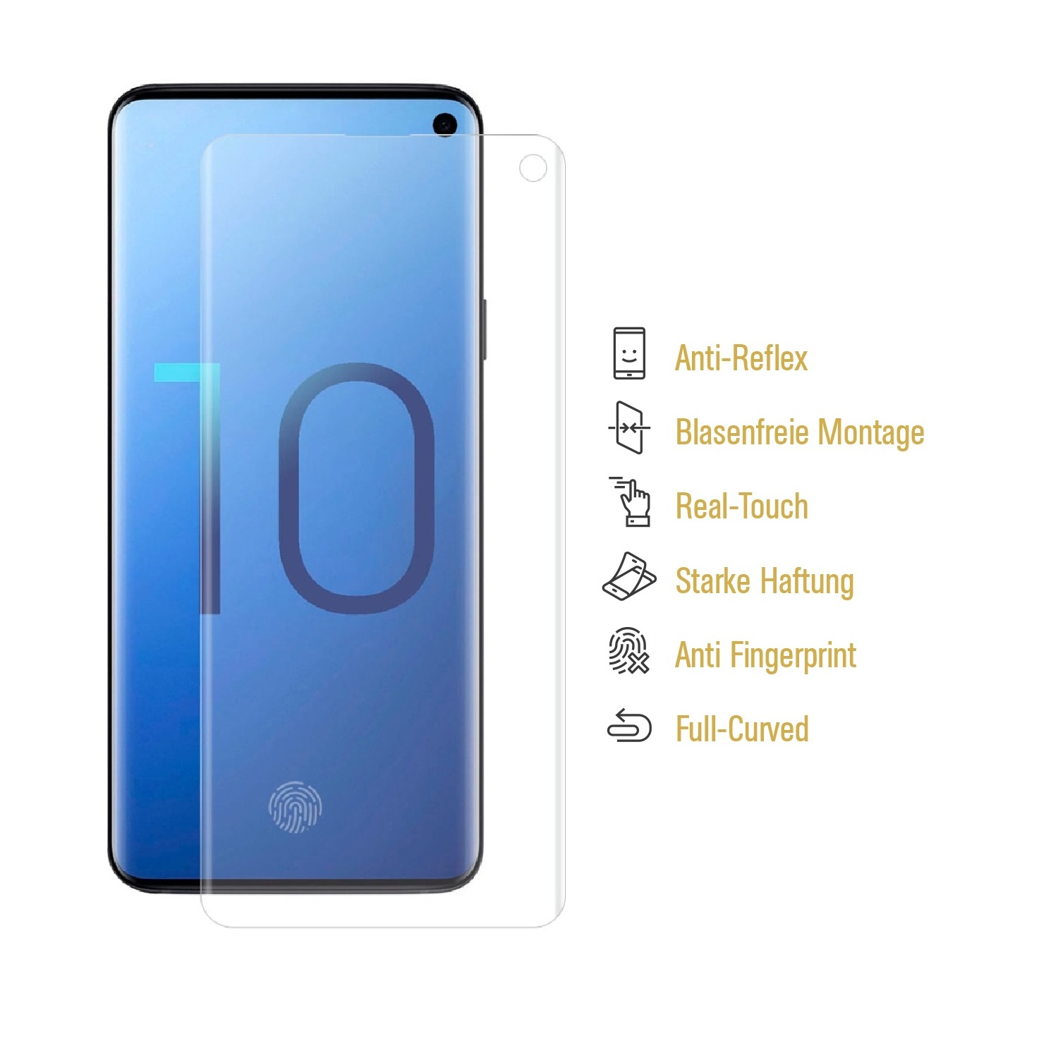Ein Smartphone mit Displayschutz, mit Vorteilen wie Anti-Reflex, Real-Touch und Anti-Fingerprint. Weißer Hintergrund.