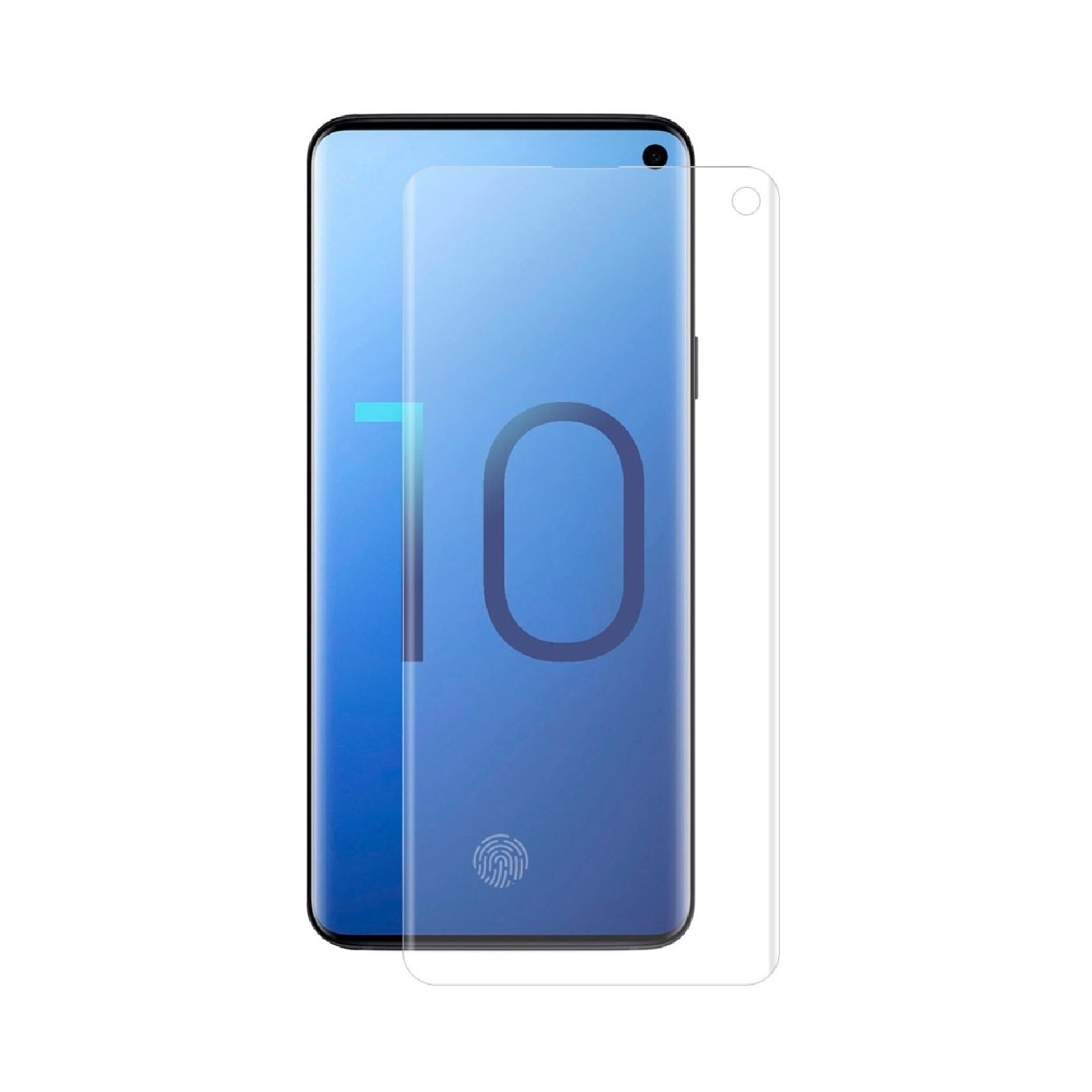 Ein Smartphone mit Displayschutzfolie. Auf dem Bildschirm ist die Zahl 10 und ein Fingerabdrucksymbol zu sehen. Eine Kamera ist sichtbar.