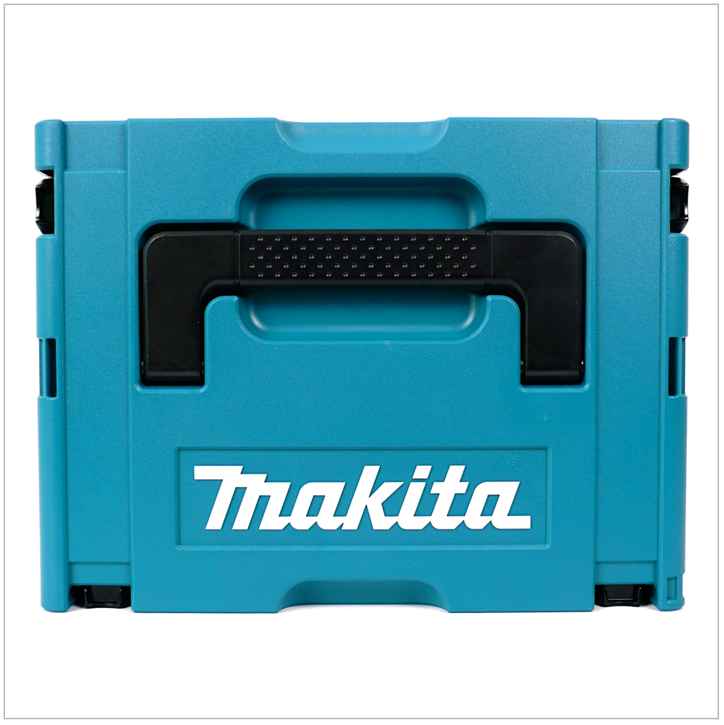 Eine türkisfarbene Makita-Werkzeugkiste mit schwarzem Griff. Das Makita-Logo ist weiß. Die Box steht auf weißem Hintergrund.