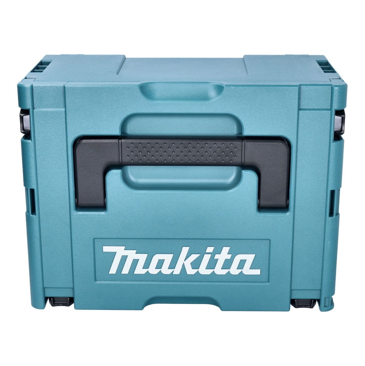 Eine türkisfarbene Makita-Werkzeugkiste mit schwarzem Griff und Makita-Logo auf der Vorderseite. Sie steht vor weißem Hintergrund.