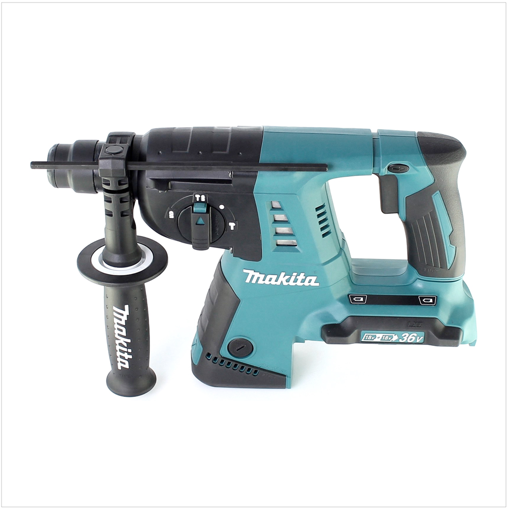 Ein teal-farbener und schwarzer Makita-Hammerbohrer. Er hat einen Griff, einen Seitengriff und ein Batteriefach. Der Markenname ist sichtbar.