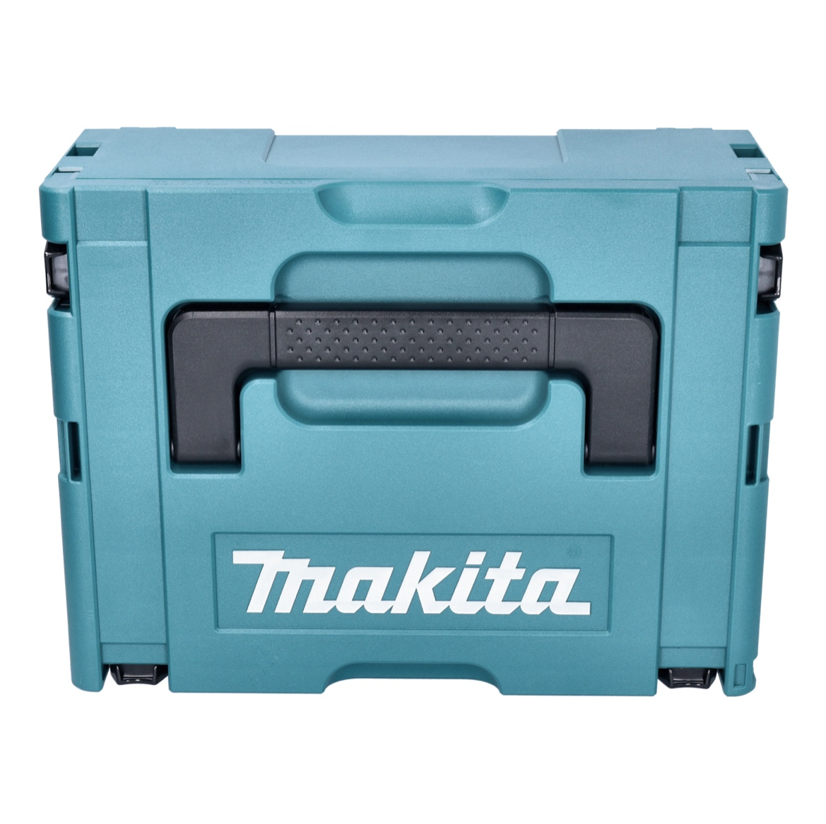 Eine türkisfarbene Makita-Werkzeugbox mit schwarzem Griff. Das Makita-Logo ist weiß. Die Box steht vor weißem Hintergrund.
