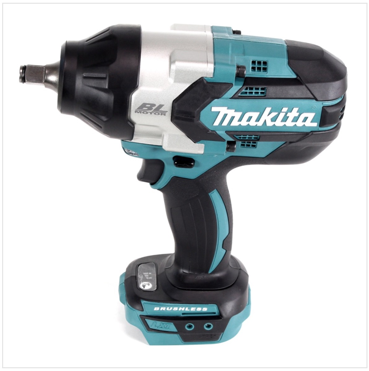 Ein kabelloser Makita-Schlagschrauber. Er ist schwarz, silber und blaugrün. Er hat einen Auslöser, eine Batteriestandsanzeige und das Makita-Logo.