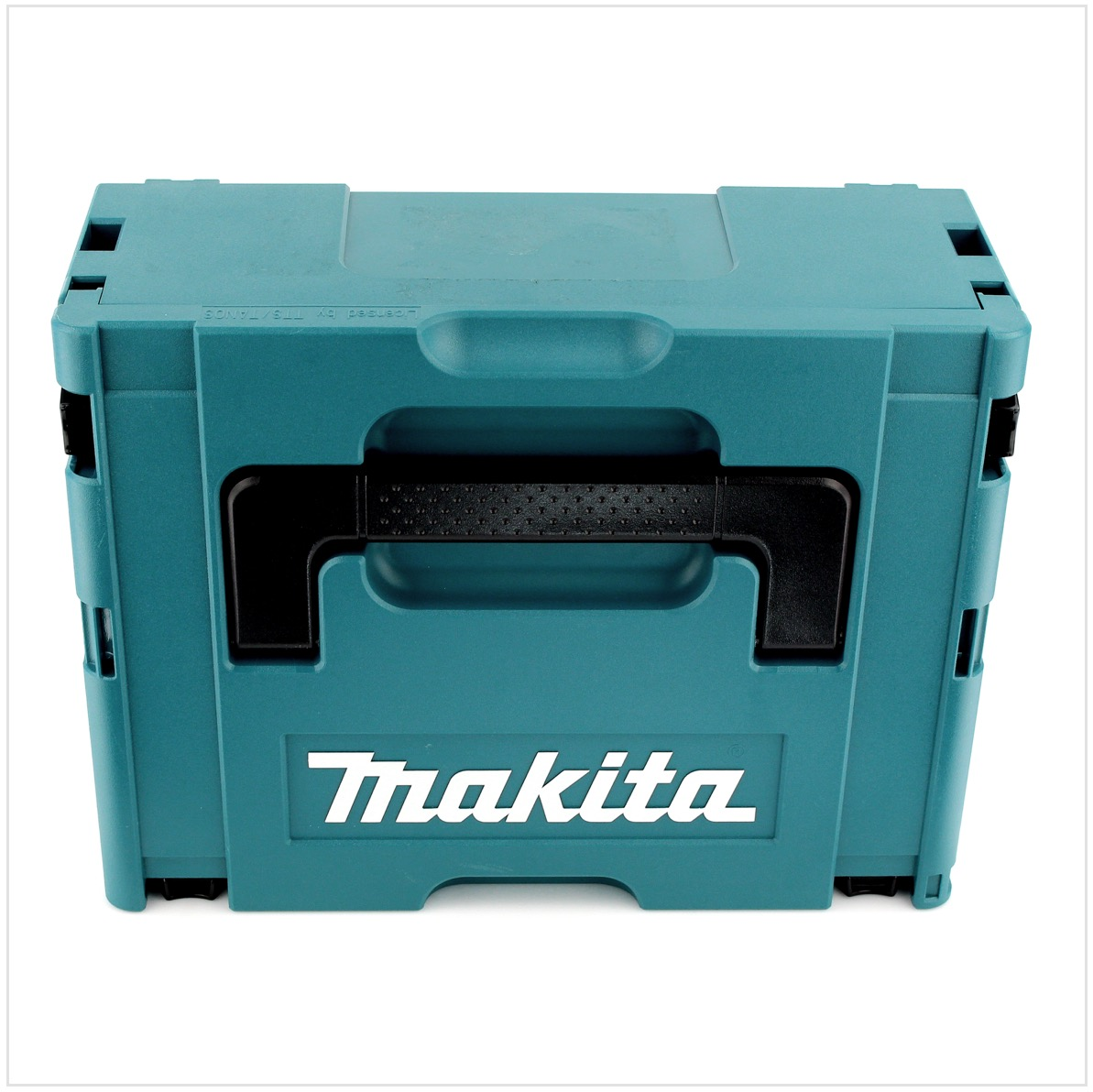 Eine türkisfarbene Makita-Klappkiste. Sie hat einen schwarzen Griff und das Makita-Logo in Weiß auf der Vorderseite.