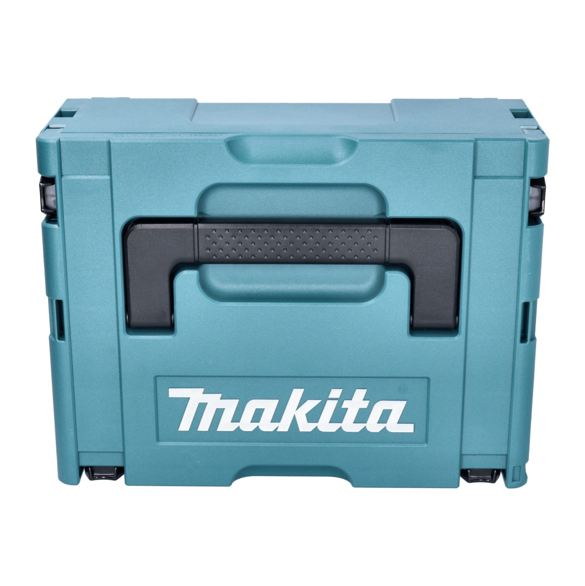 Eine türkisfarbene Makita-Werkzeugkiste. Sie hat einen schwarzen Griff und das Makita-Logo in Weiß. Der Hintergrund ist weiß.