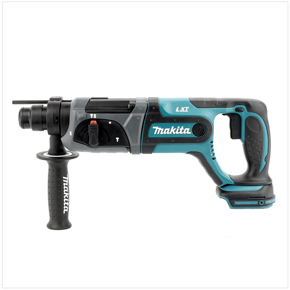 Ein kabelloser Makita LXT-Rotationshammer. Er ist türkis, grau und schwarz. Es ist auf weißem Grund. Hat einen Griff und einen Bohrer.