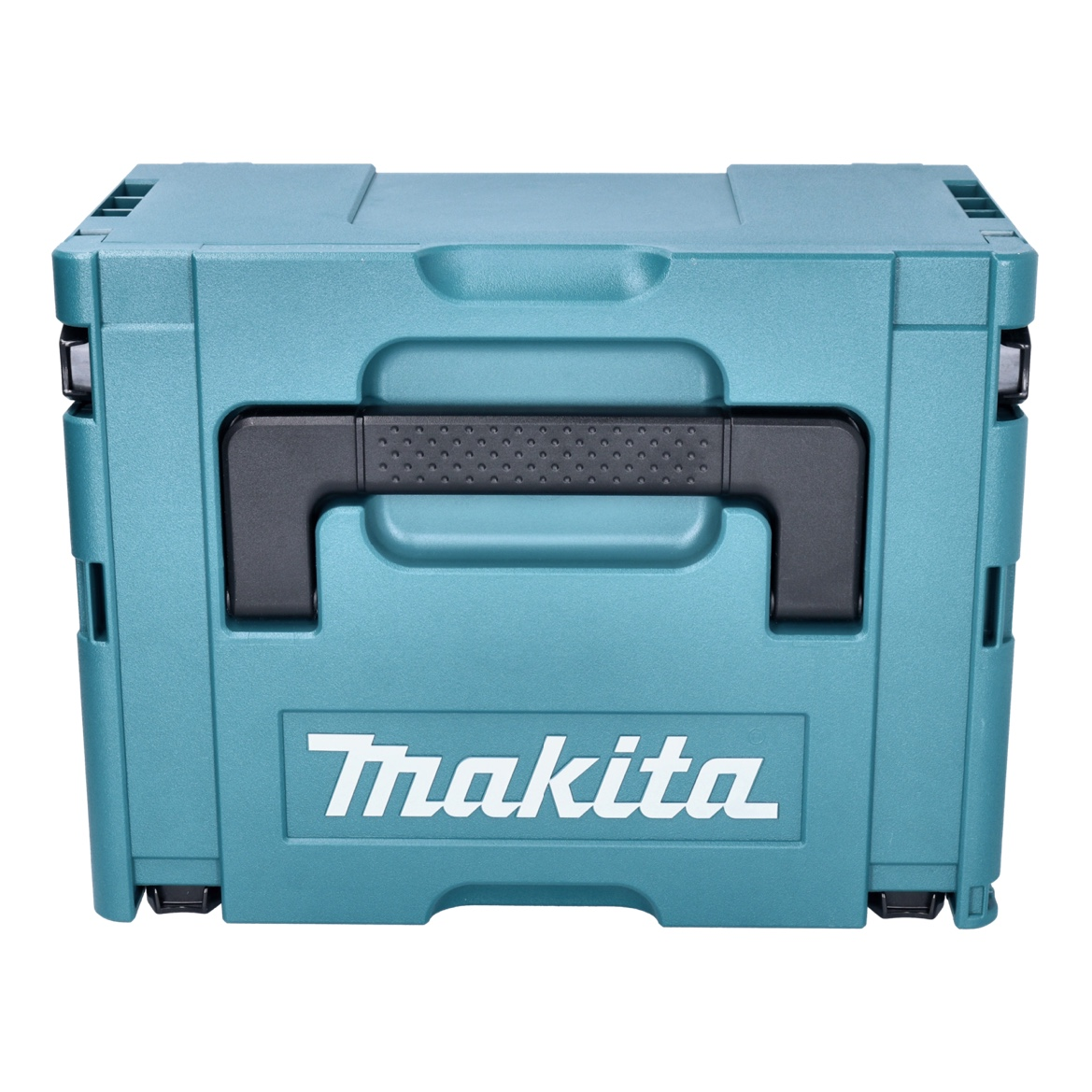 Eine türkisblaue Makita-Werkzeugkiste mit schwarzem Griff und Makita-Logo auf weißem Hintergrund.