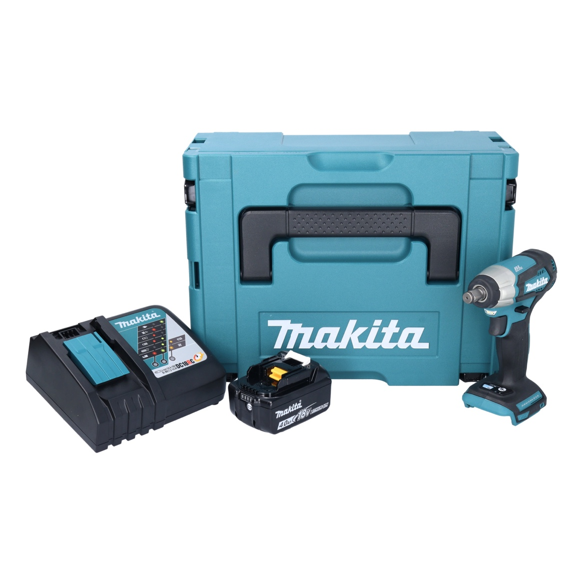 Makita-Werkzeugset. Enthält eine tealfarbene Werkzeugkiste, einen Schlagschrauber, ein Ladegerät und einen Akku.