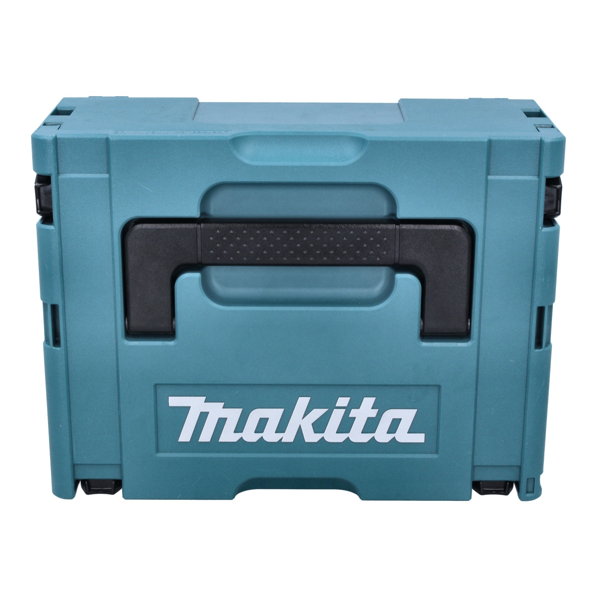 Eine türkisfarbene Makita-Werkzeugkiste mit schwarzem Griff und weißem Makita-Logo. Die Box befindet sich auf weißem Hintergrund.