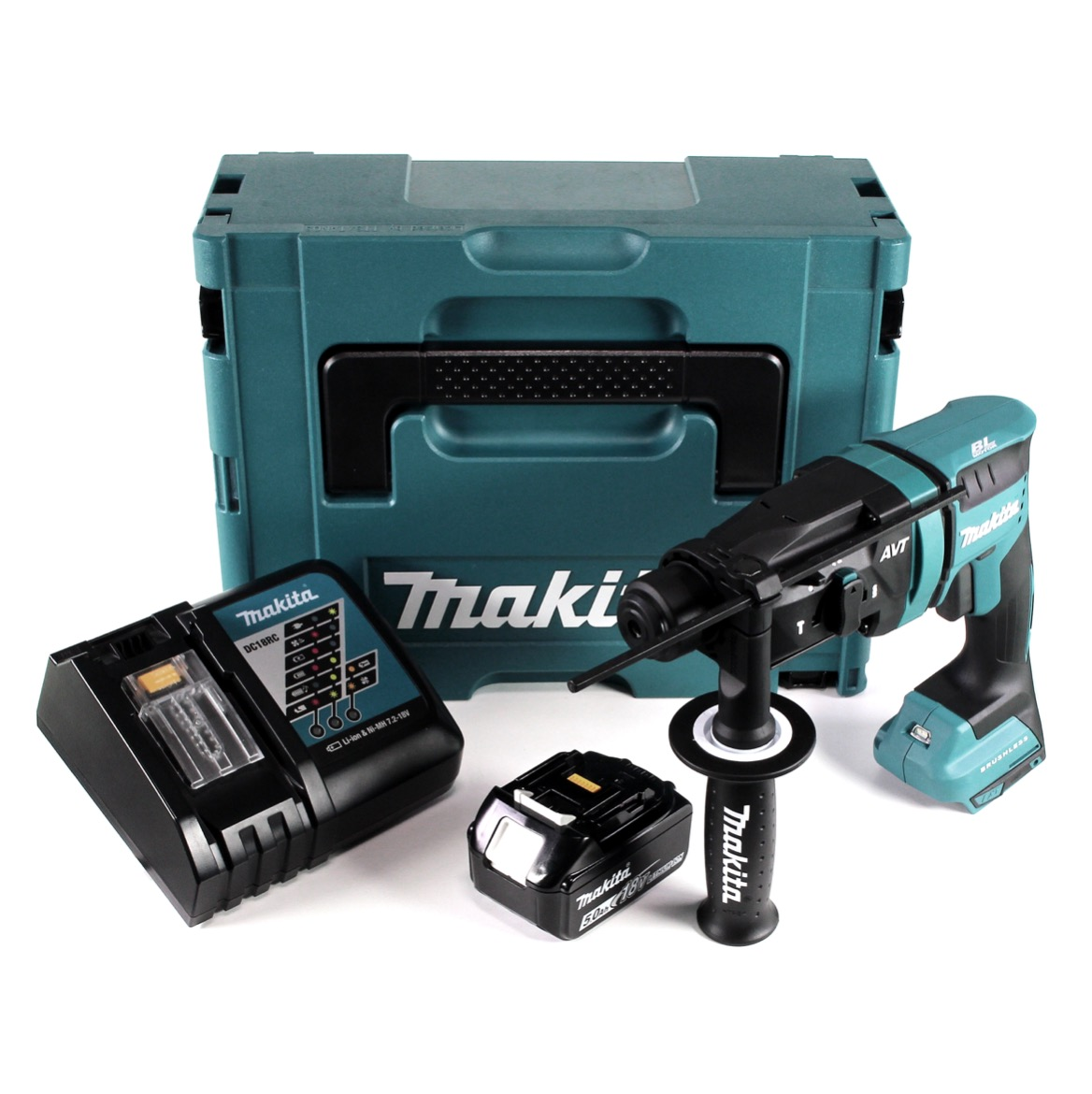 Ein Makita-Elektrowerkzeug-Set. Enthält einen tealfarbenen Koffer, Bohrer, Ladegerät und Akku auf weißem Grund.