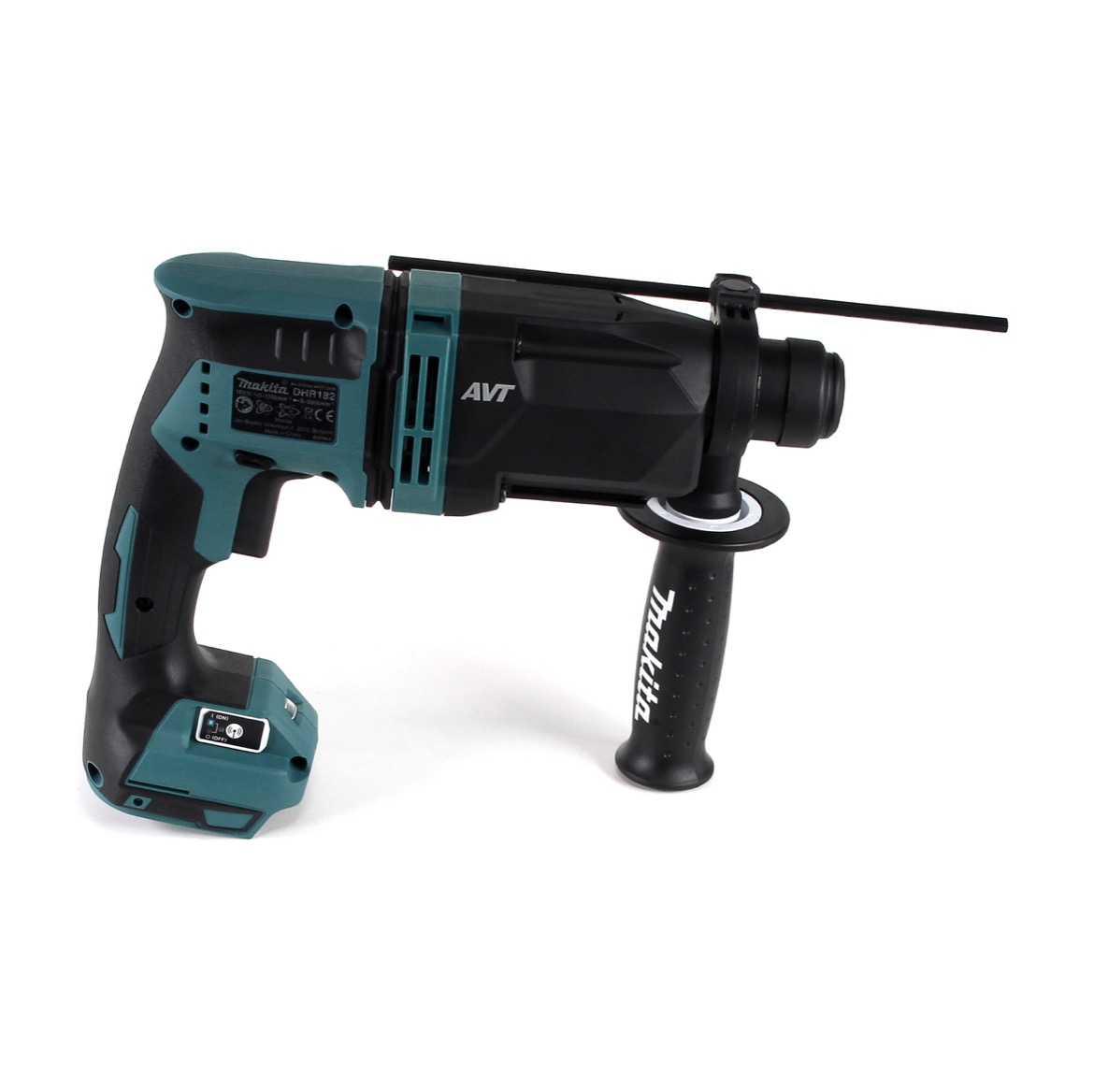Ein kabelloser Makita DHR182 Bohrhammer. Er ist schwarz und türkis. Der Bohrer befindet sich auf weißem Hintergrund.