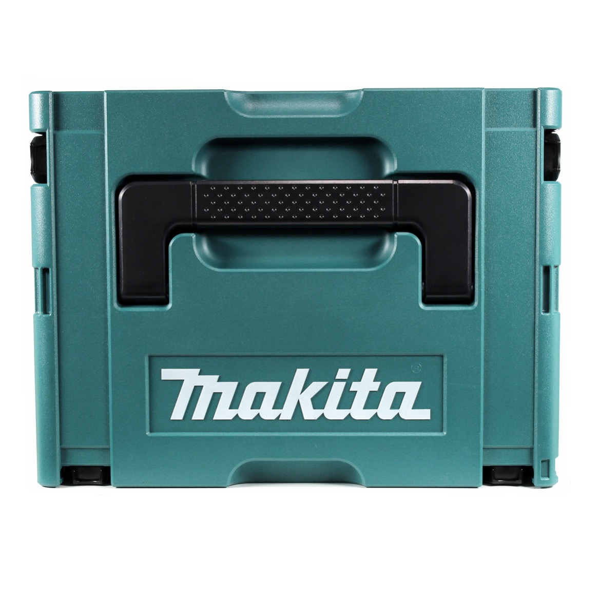 Eine türkisfarbene Makita-Werkzeugkiste mit schwarzem Griff. Das Makita-Logo ist weiß. Die Box ist geschlossen.